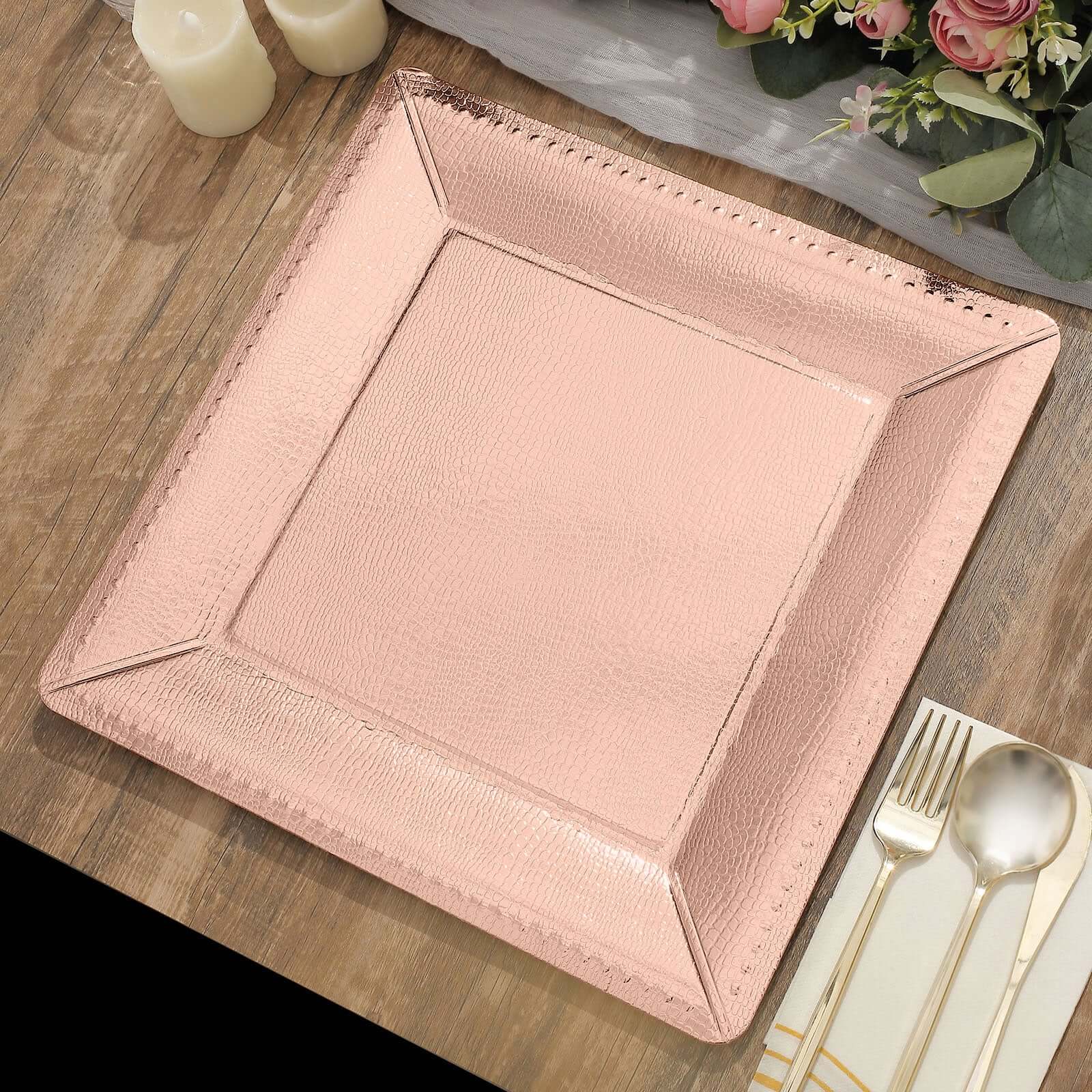 10-Pack Disposable Square Charger Plates 13" Rose Gold with Leather Like Texture - 1100GSM Sturdy Paper Chargers - Image 6