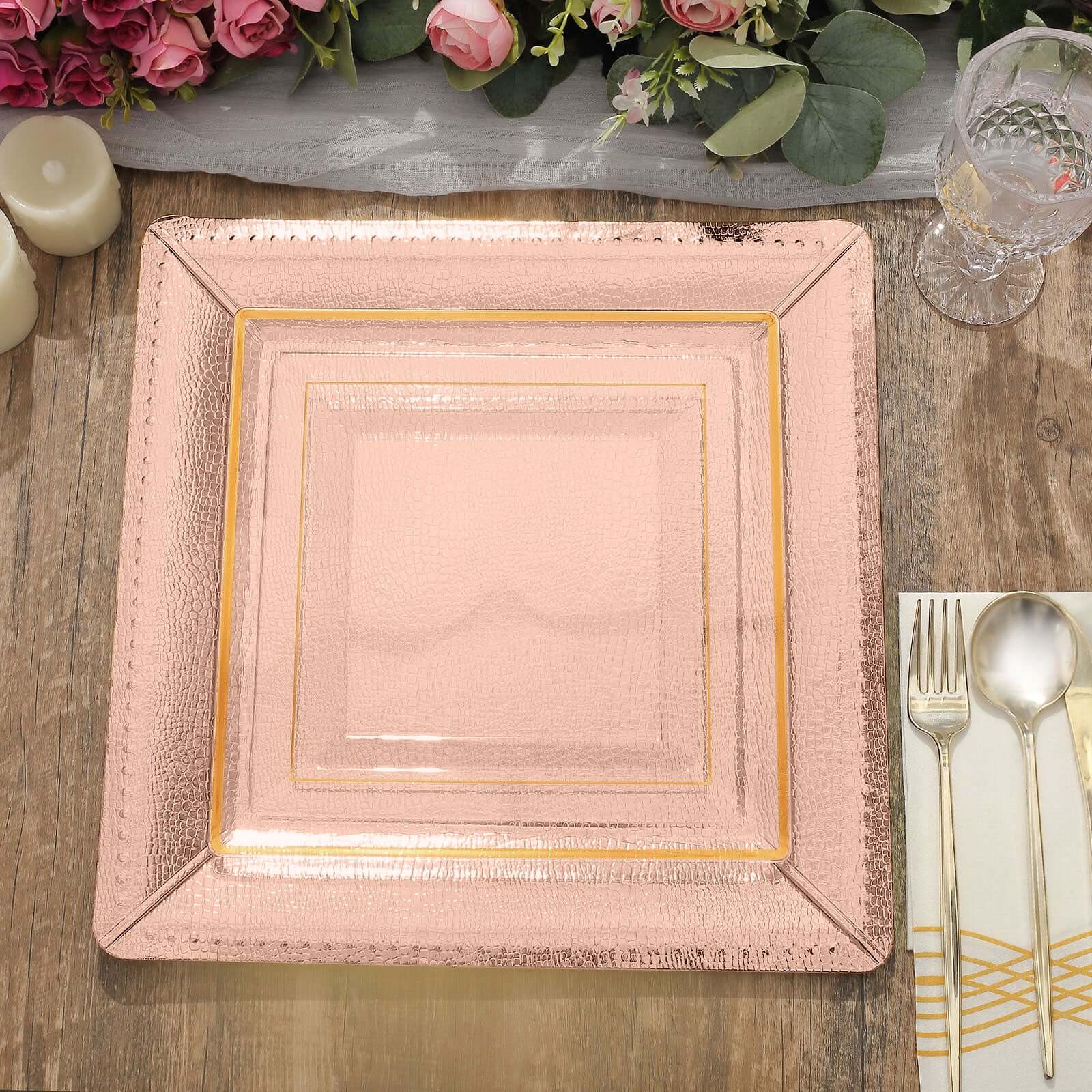 10-Pack Disposable Square Charger Plates 13" Rose Gold with Leather Like Texture - 1100GSM Sturdy Paper Chargers - Image 8