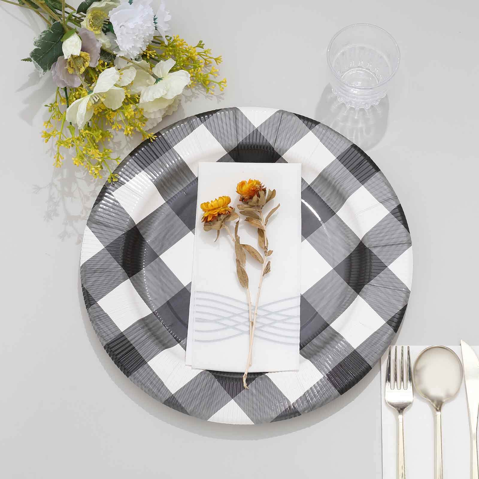 10-Pack Buffalo Plaid Paper Charger Plates – Black/White 13" Round Disposable Table Chargers, 350 GSM Cardstock - Image 9