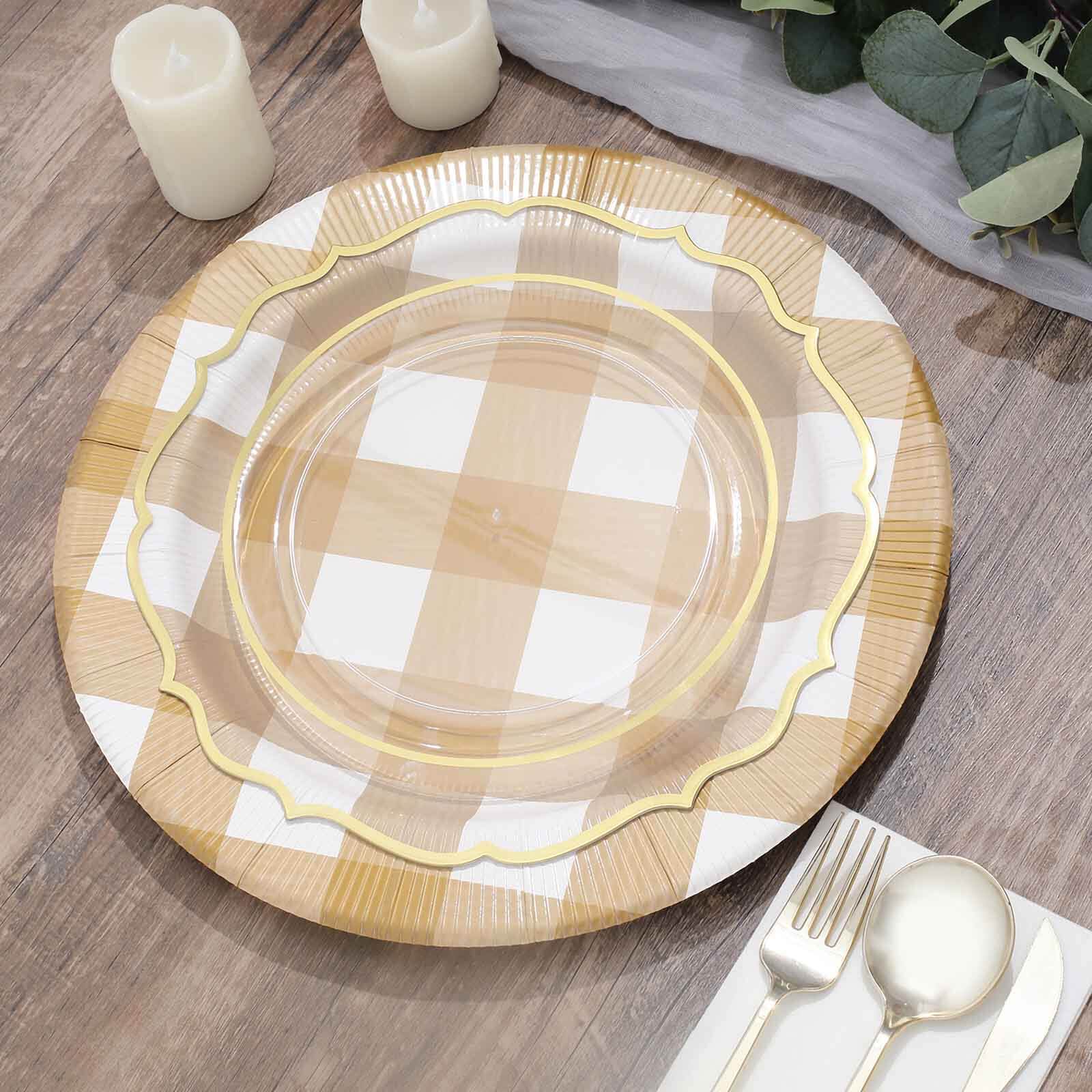 10-Pack Buffalo Plaid Paper Charger Plates – Gold/White 13" Round Disposable Table Chargers, 350 GSM Cardstock - Image 5