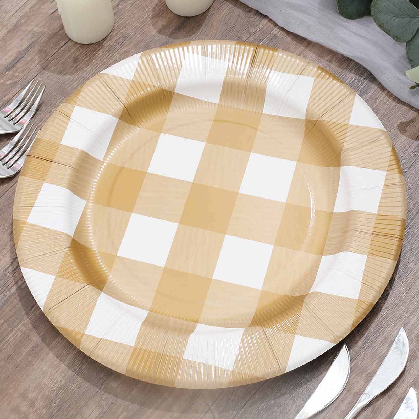 10-Pack Buffalo Plaid Paper Charger Plates – Gold/White 13" Round Disposable Table Chargers, 350 GSM Cardstock - Image 6