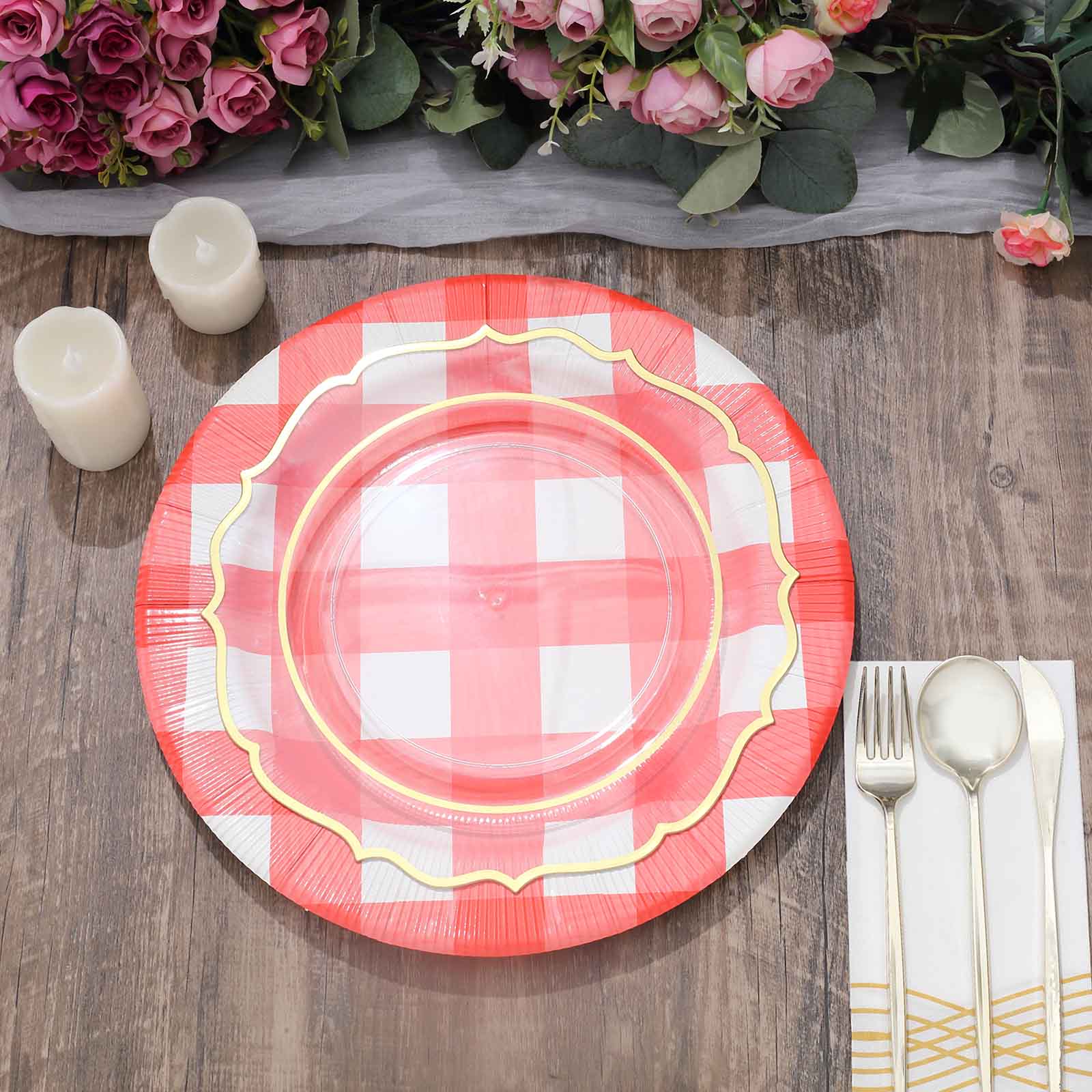 10-Pack Buffalo Plaid Paper Charger Plates – Red/White 13" Round Disposable Table Chargers, 350 GSM Cardstock - Image 2