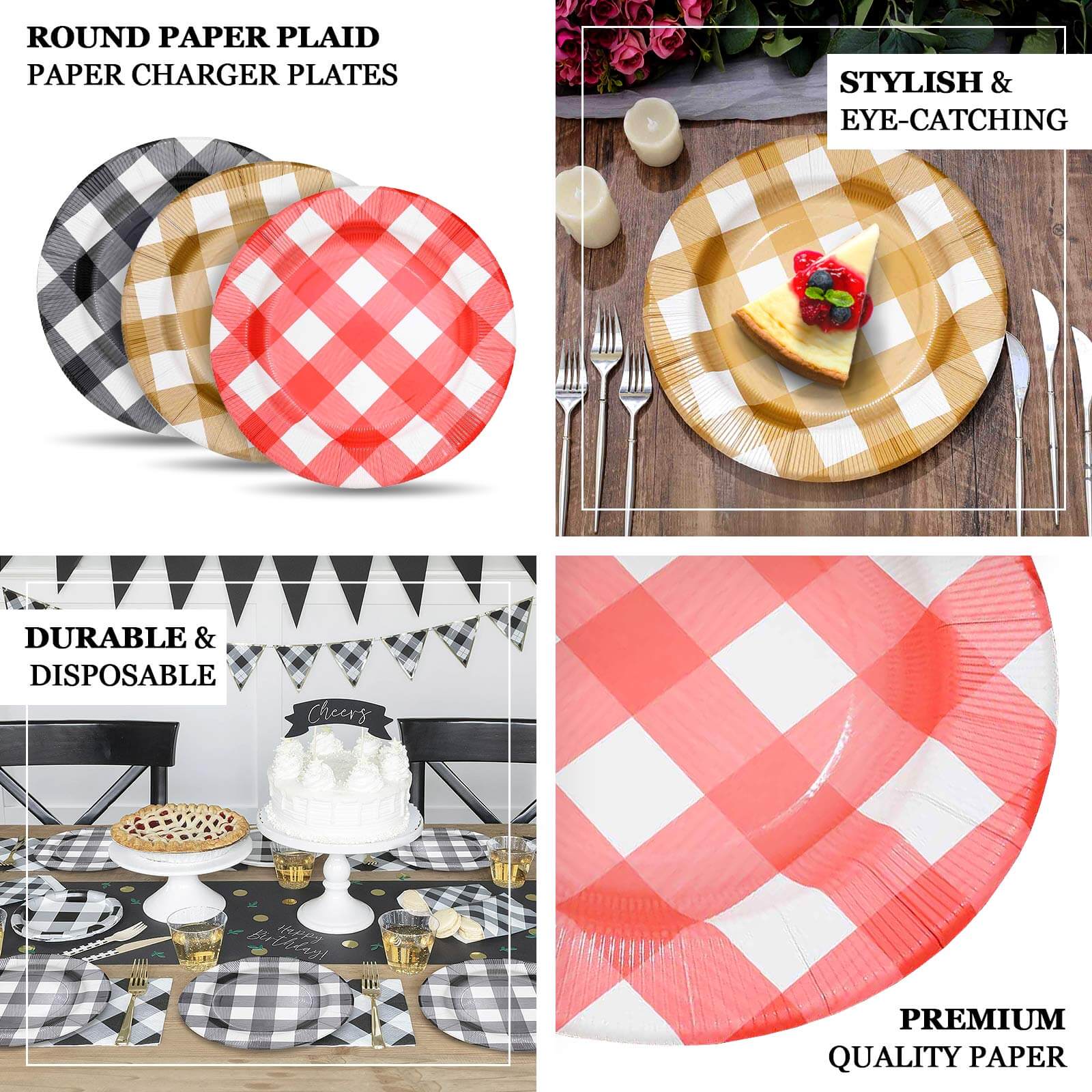 10-Pack Buffalo Plaid Paper Charger Plates – Red/White 13" Round Disposable Table Chargers, 350 GSM Cardstock - Image 4