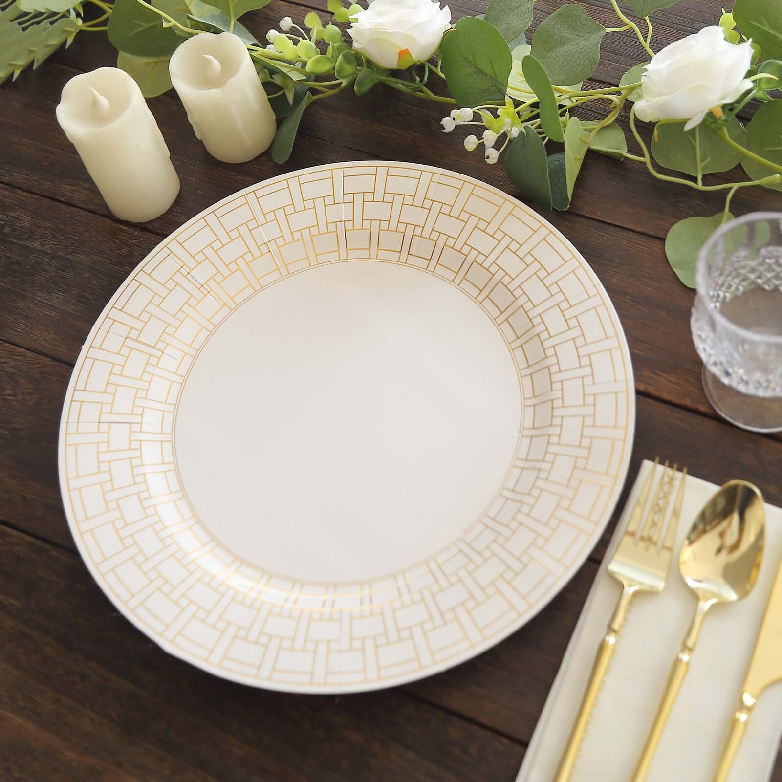 10 Pack Cardstock Paper Charger Plates 13" White with Gold Basketweave Pattern Rim - 650GSM Cardboard Placemats for Parties, Events & Home Entertaining