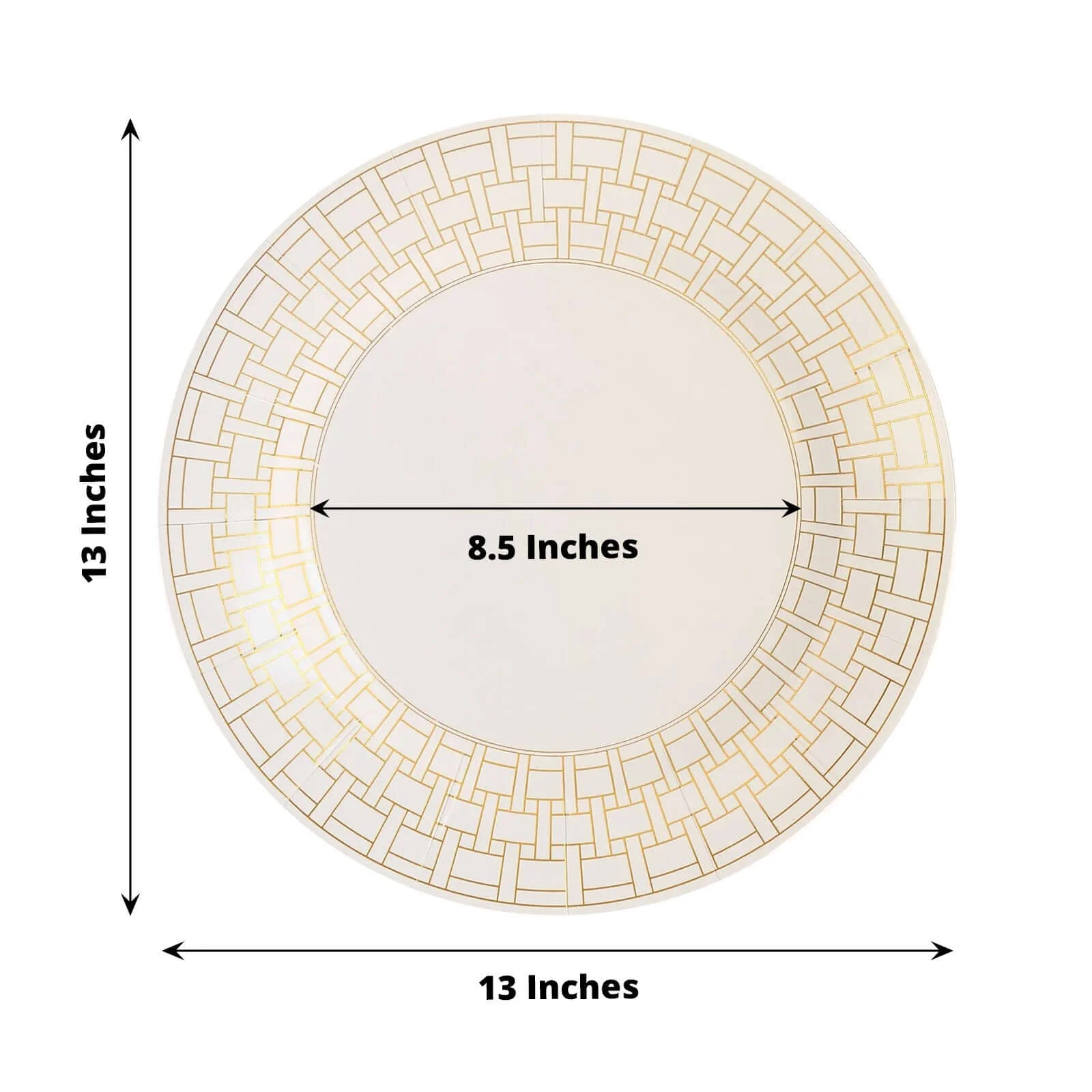 10 Pack Cardstock Paper Charger Plates 13" White with Gold Basketweave Pattern Rim - 650GSM Cardboard Placemats for Parties, Events & Home Entertaining - Image 3