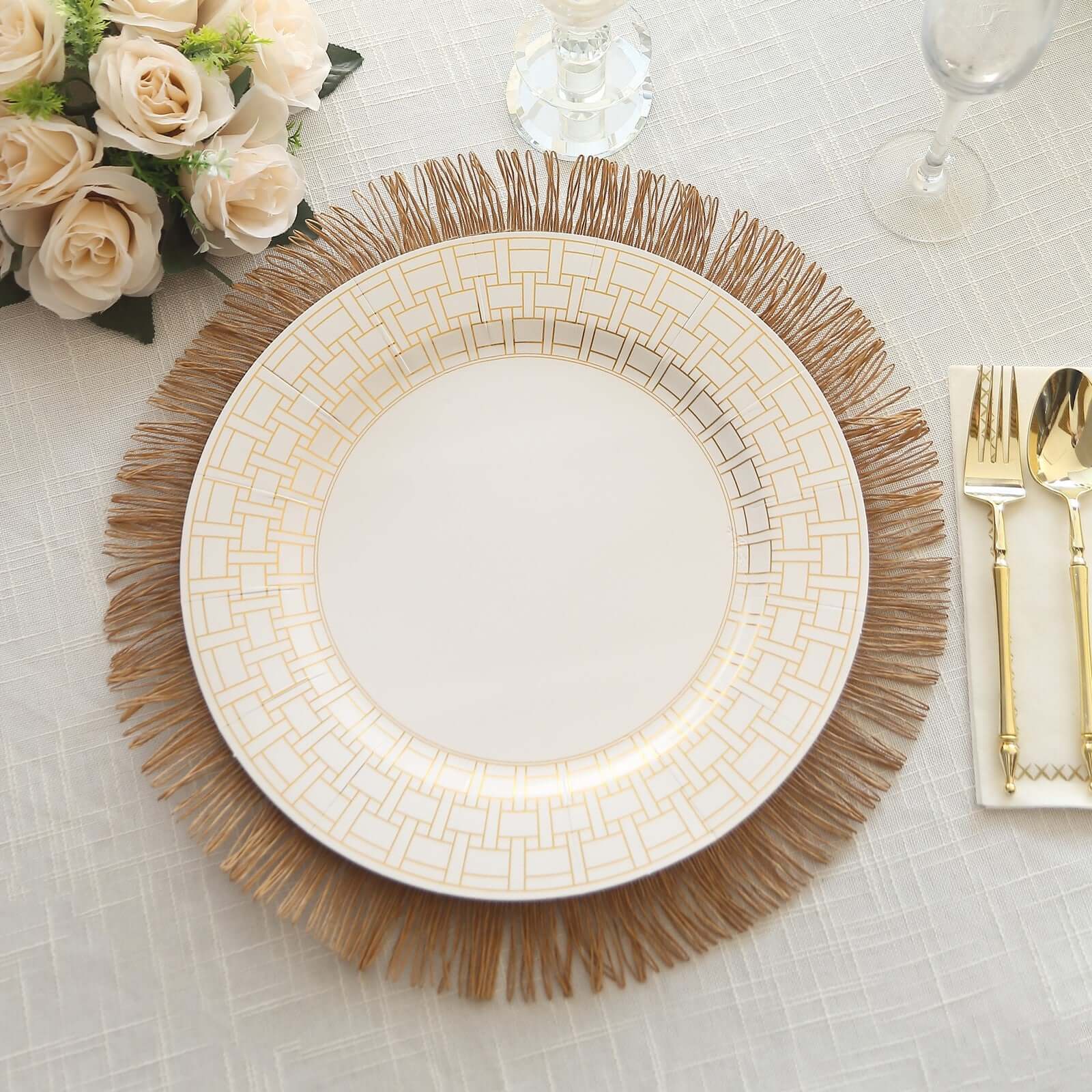 10 Pack Cardstock Paper Charger Plates 13" White with Gold Basketweave Pattern Rim - 650GSM Cardboard Placemats for Parties, Events & Home Entertaining - Image 4