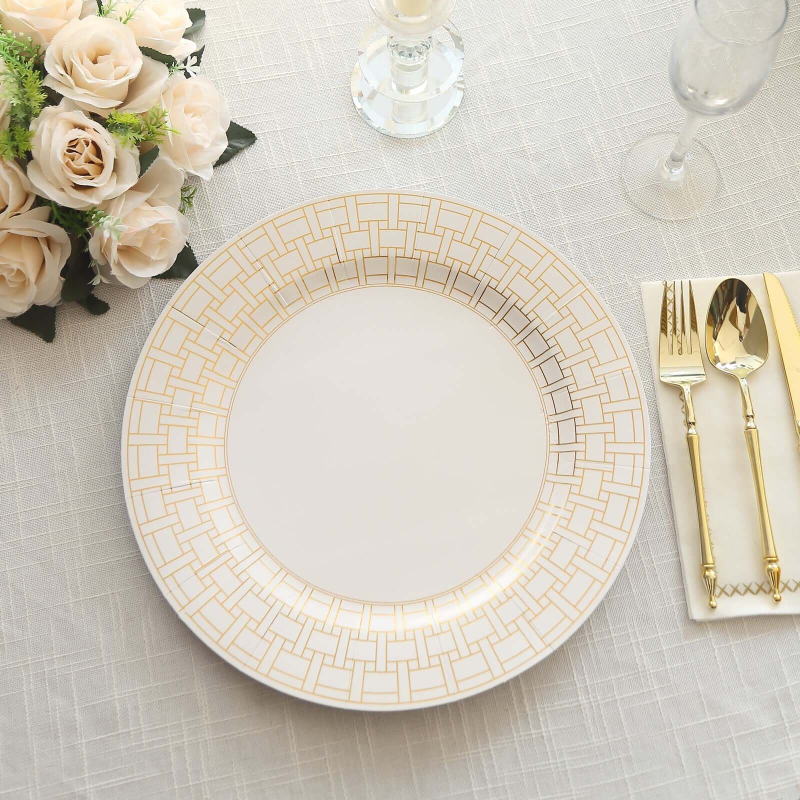 10 Pack Cardstock Paper Charger Plates 13" White with Gold Basketweave Pattern Rim - 650GSM Cardboard Placemats for Parties, Events & Home Entertaining - Image 5
