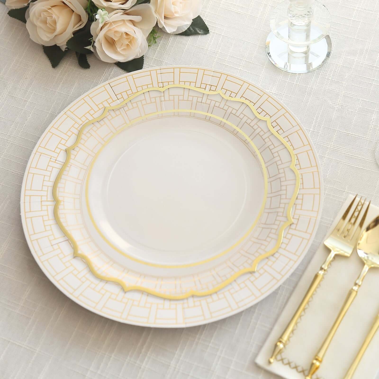 10 Pack Cardstock Paper Charger Plates 13" White with Gold Basketweave Pattern Rim - 650GSM Cardboard Placemats for Parties, Events & Home Entertaining - Image 6
