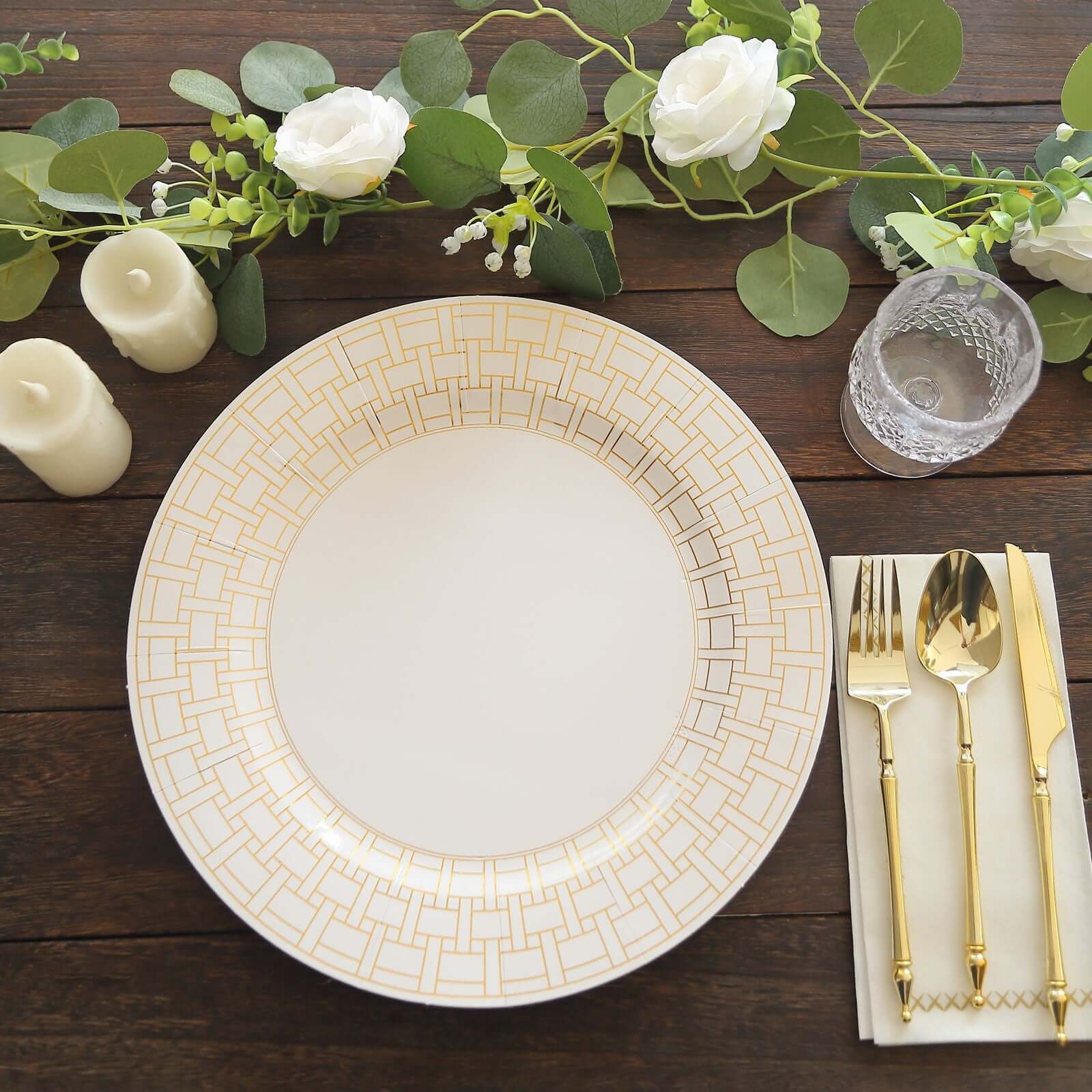 10 Pack Cardstock Paper Charger Plates 13" White with Gold Basketweave Pattern Rim - 650GSM Cardboard Placemats for Parties, Events & Home Entertaining - Image 9