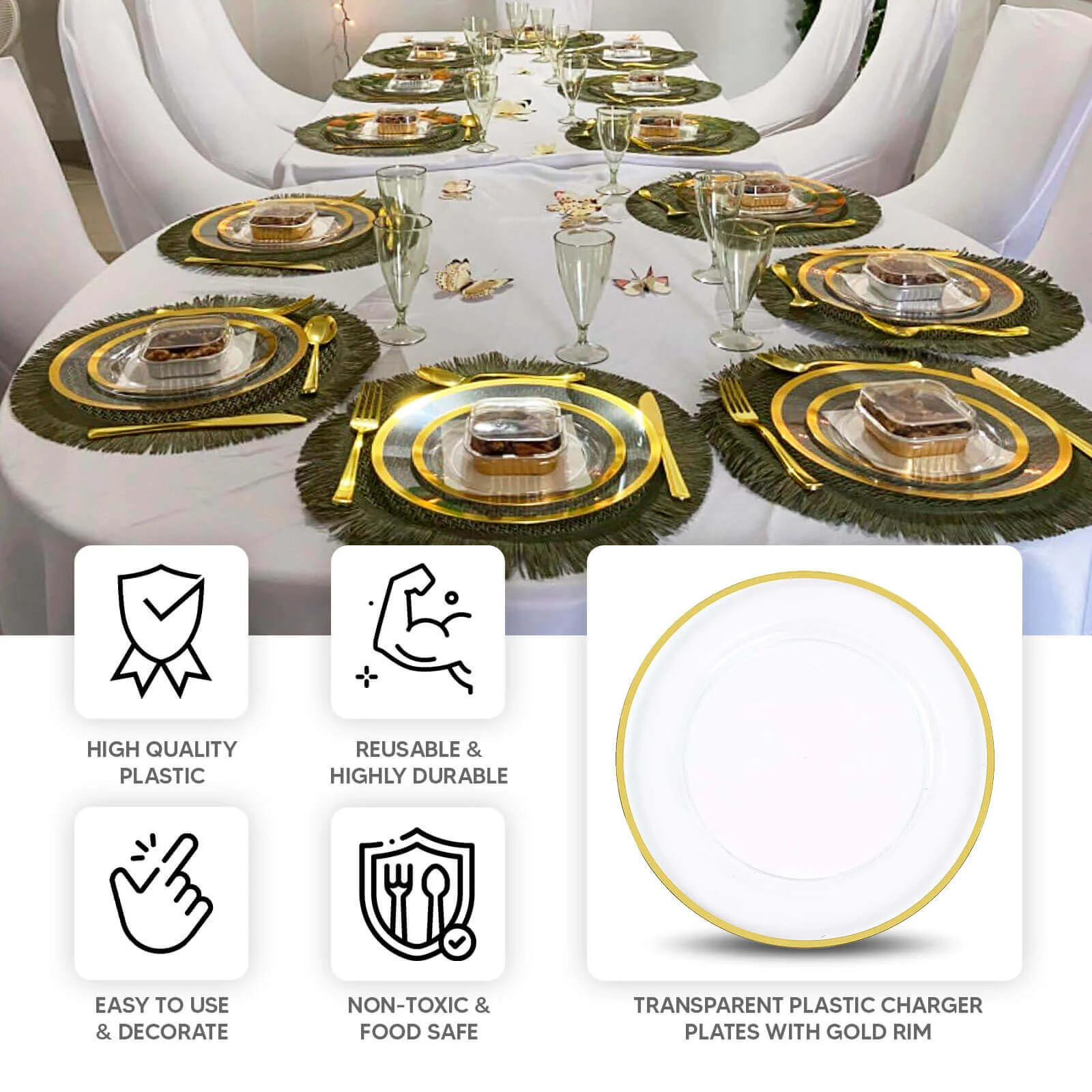 10-Pack Economy Plastic Charger Plates 12" Round Clear with Wide Gold Rim - Dinner Party Serving Plates - Image 3