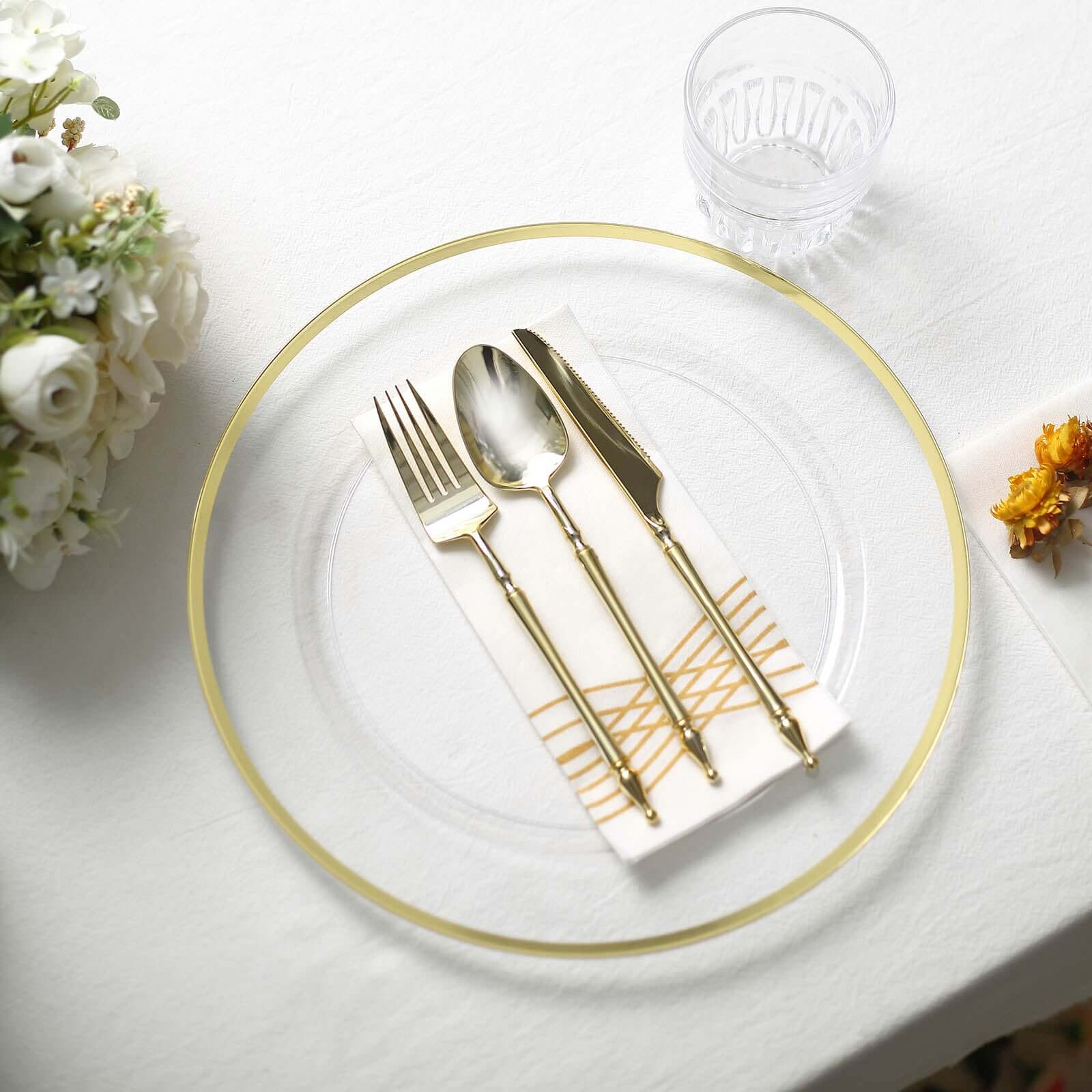 10-Pack Economy Plastic Charger Plates 12" Round Clear with Wide Gold Rim - Dinner Party Serving Plates - Image 6