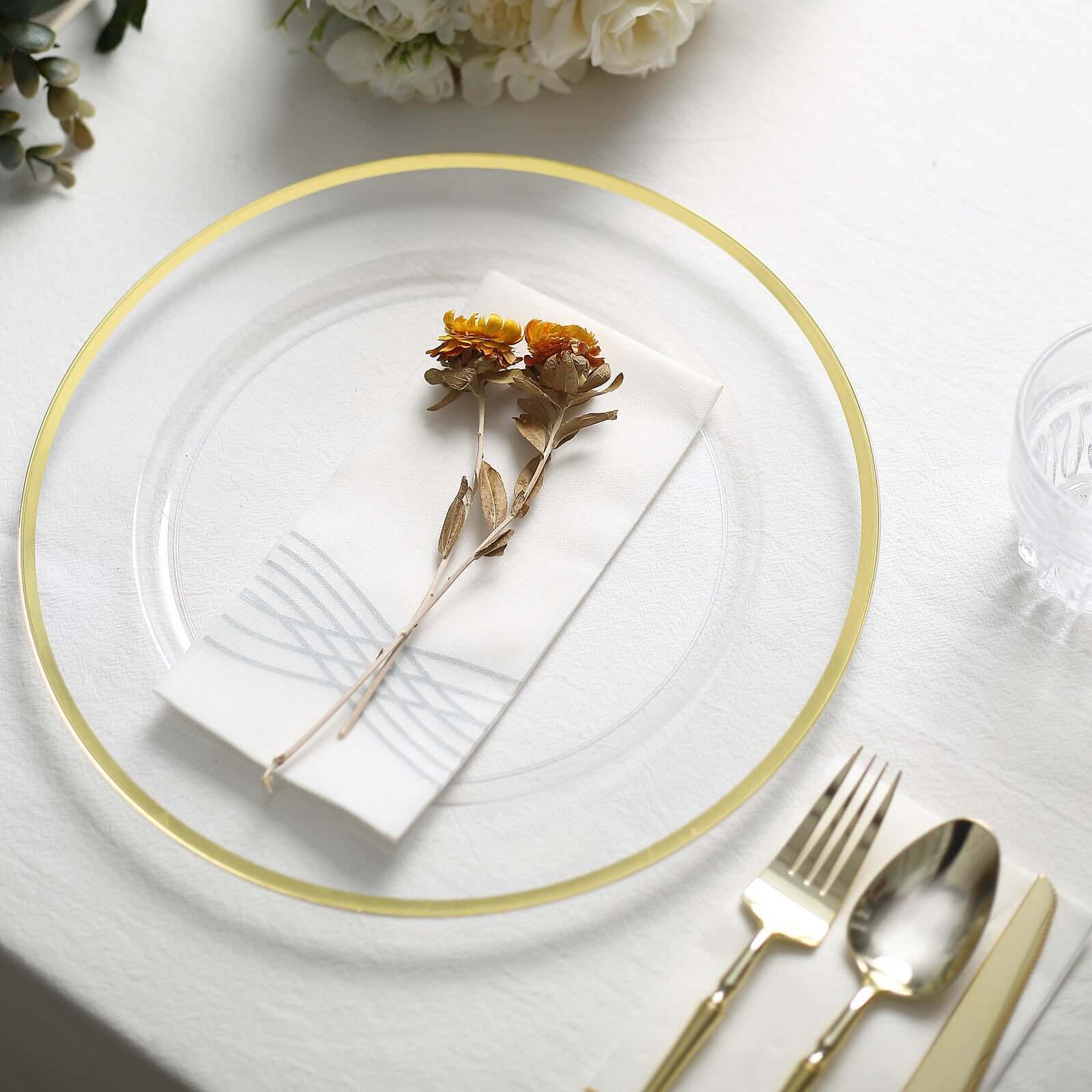 10-Pack Economy Plastic Charger Plates 12" Round Clear with Wide Gold Rim - Dinner Party Serving Plates - Image 8