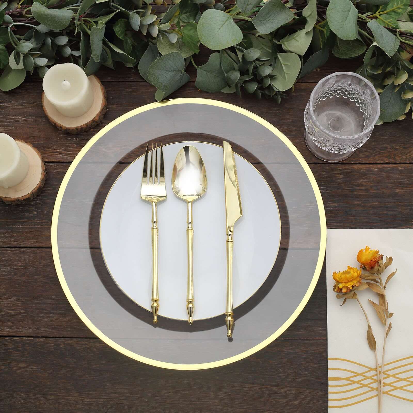 10-Pack Economy Plastic Charger Plates 12" Round Clear with Wide Gold Rim - Dinner Party Serving Plates - Image 9