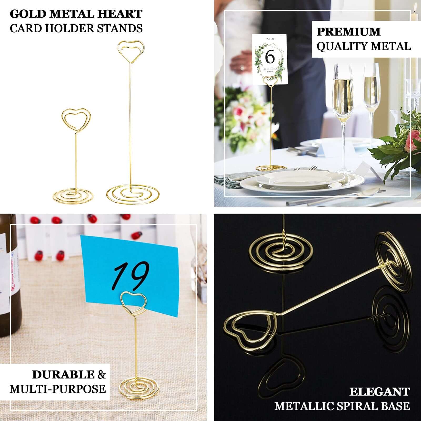 10-Pack Metal Card Holder Stands 8" Heart Design Gold - Table Number Stands and Wedding Place Card Menu Clips - Image 4