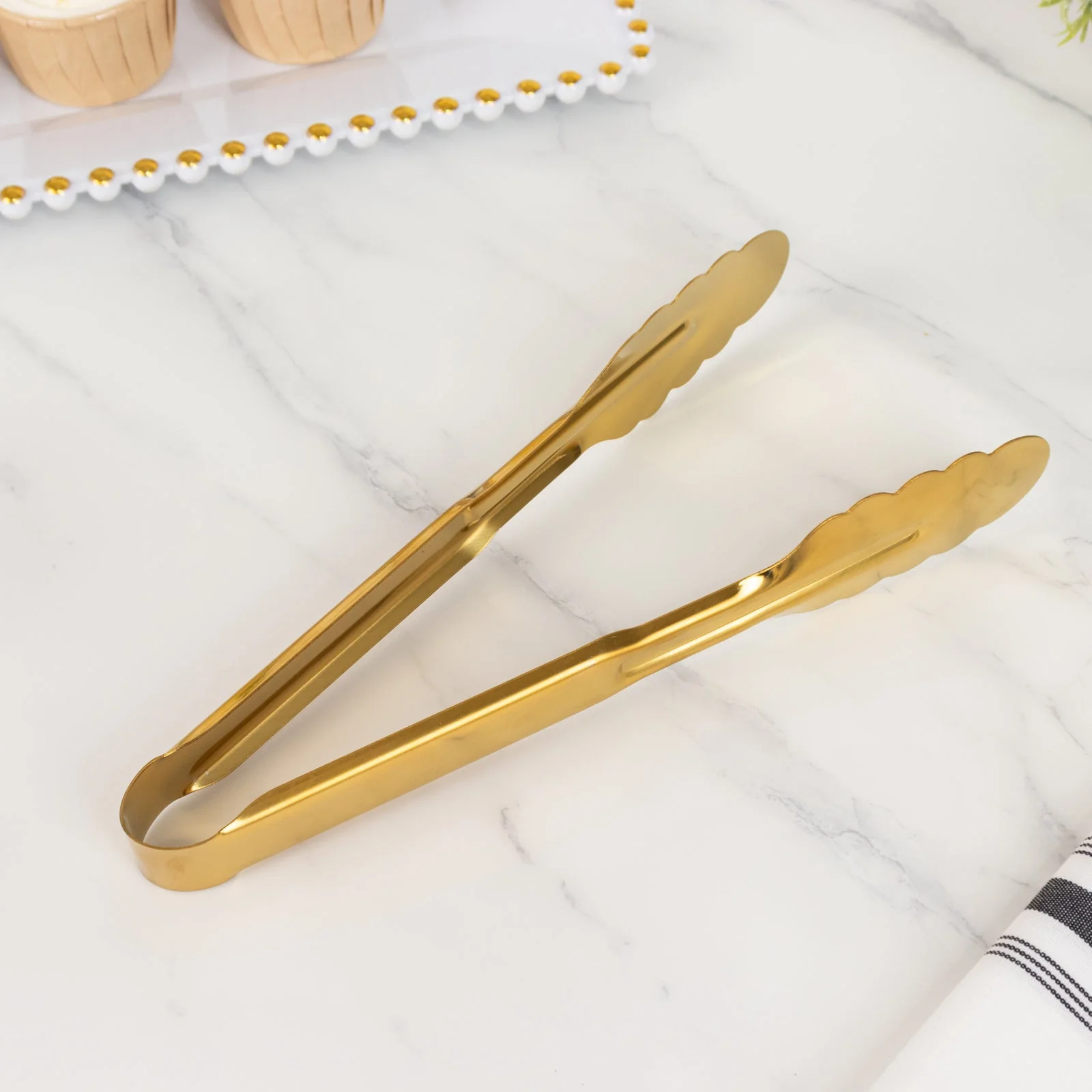 10-Pack Metal Serving Tongs 9.5" Gold with Scalloped Gripping Edge - Non Slip Stainless Steel Kitchen Tongs for Buffets & Parties - Image 8