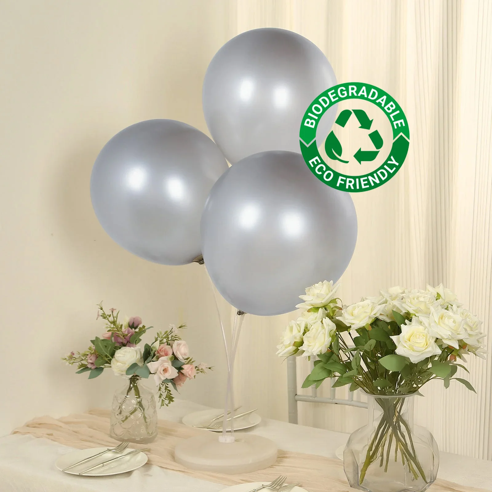 10 Pack Metallic Silver Biodegradable Balloons, Thick Chrome Latex Party Balloons - 18" - Image 8