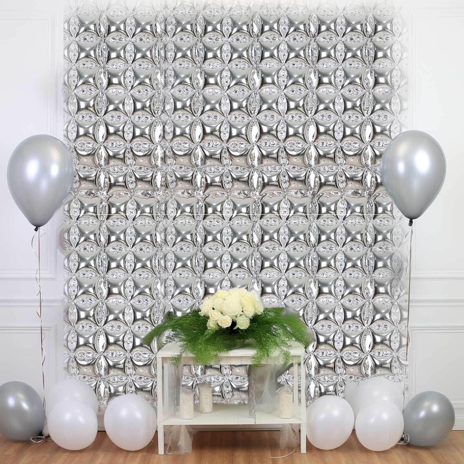 10 Pack Metallic Silver Double Row Mylar Foil Balloon Backdrop, Square Diamond Design Balloon Wall 43"x11"