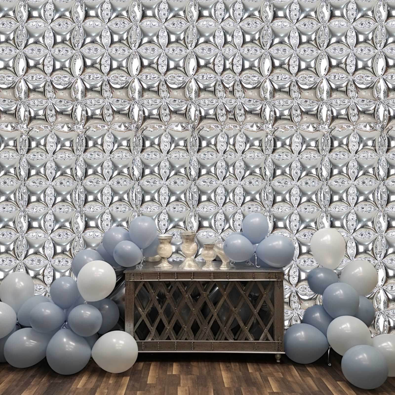 10 Pack Metallic Silver Double Row Mylar Foil Balloon Backdrop, Square Diamond Design Balloon Wall 43"x11" - Image 6