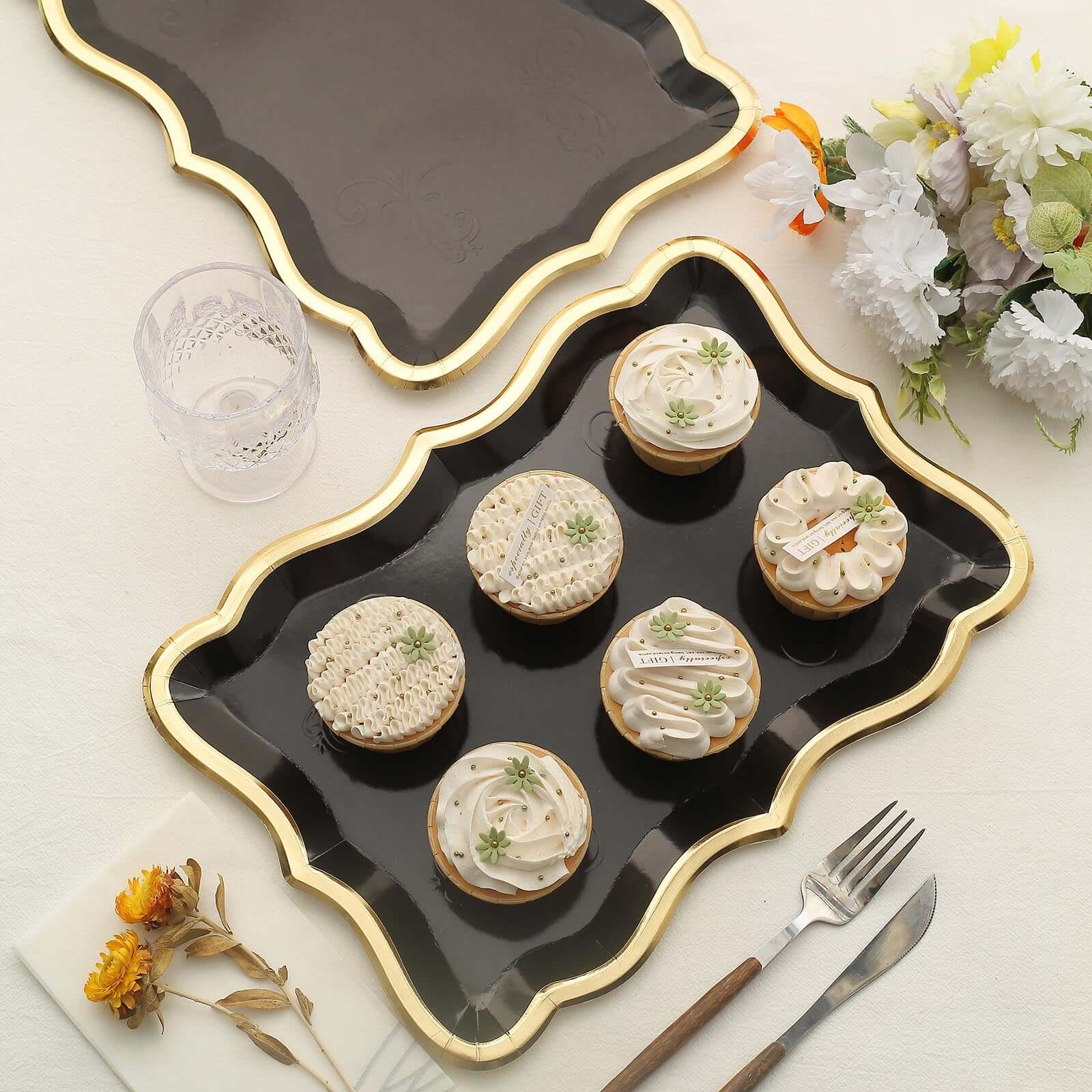 10-Pack Paper Rectangle Serving Trays 14"x10" Black with Gold Rim - 400GSM Heavy Duty Disposable Cardboard Party Platters for Stylish Food Displays - Image 2
