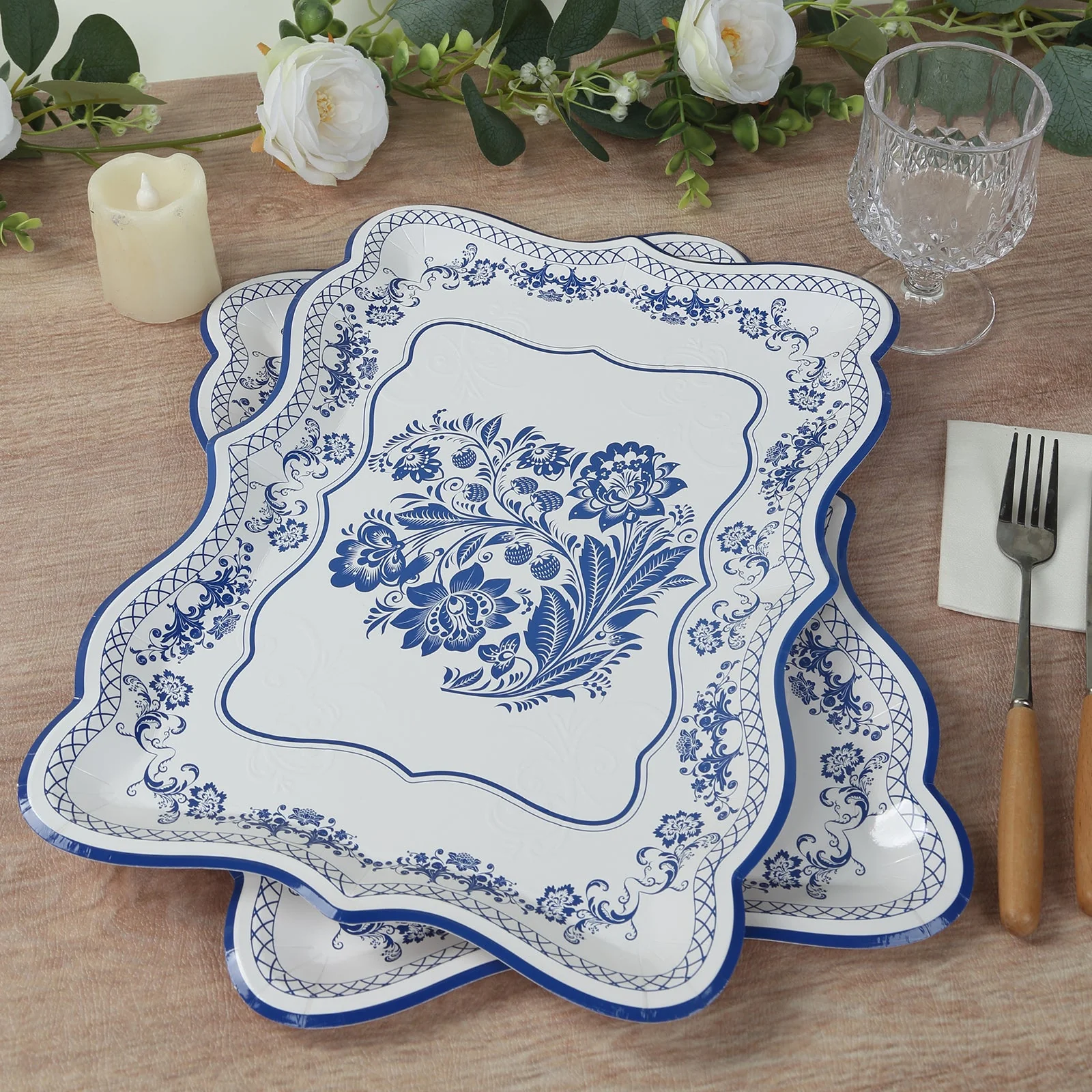 10-Pack Paper Rectangle Serving Trays 14"x10" White Royal Blue