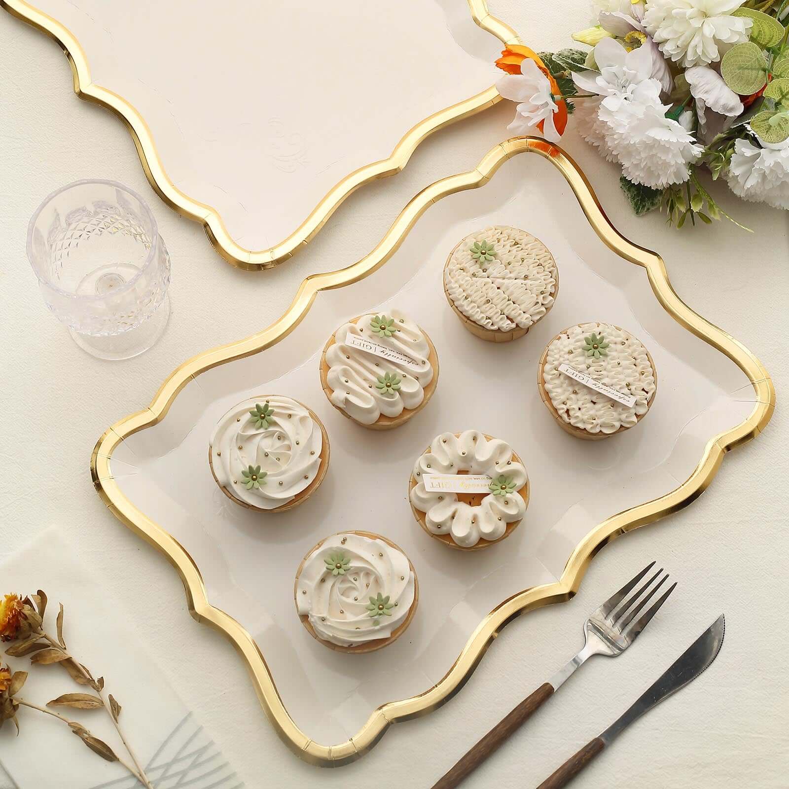 10-Pack Paper Rectangle Serving Trays 14"x10" White with Gold Rim - 400GSM Heavy Duty Disposable Cardboard Party Platters for Stylish Food Displays - Image 2