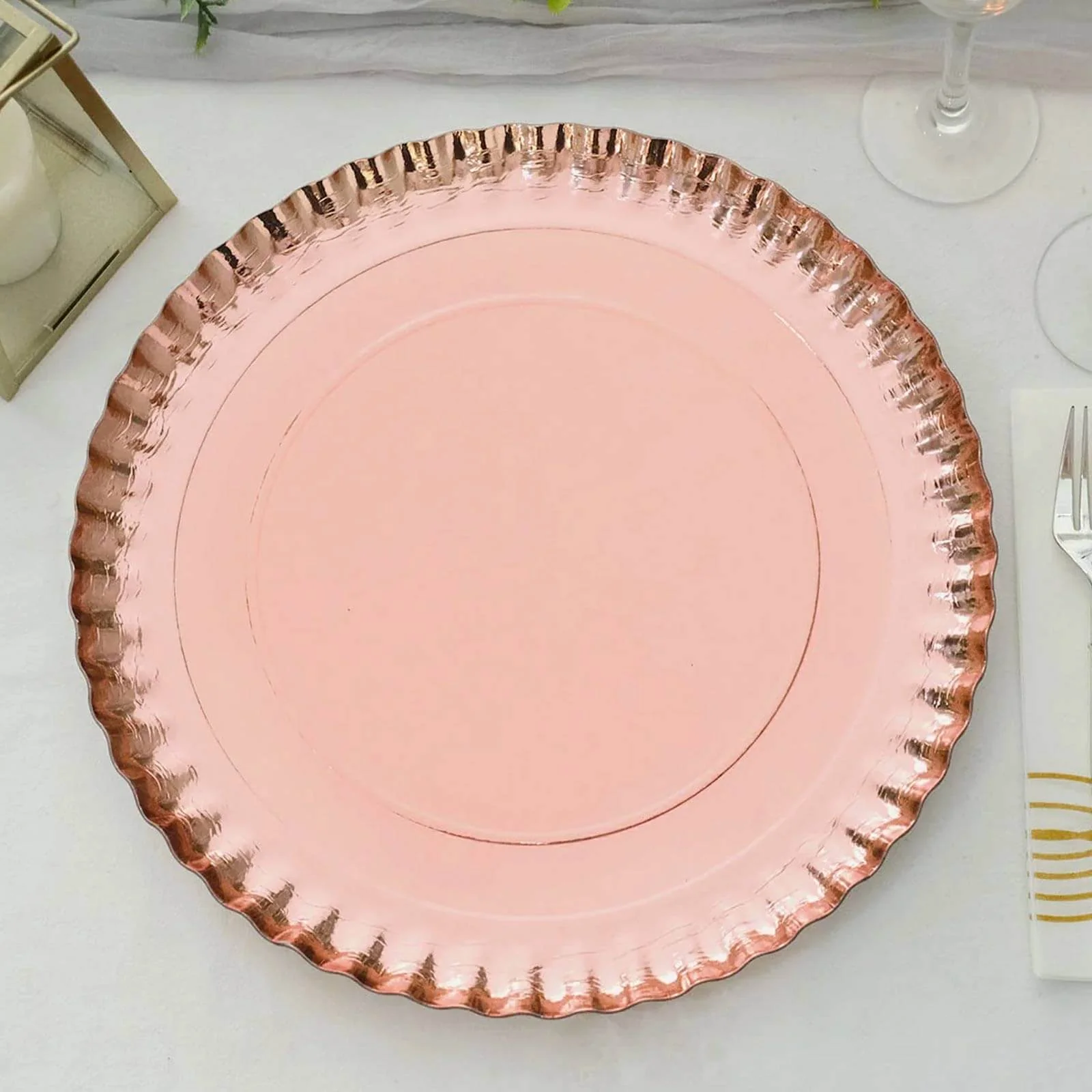 10-Pack Paper Round Charger Plates 13" Rose Gold with Scalloped Rims - 1100GSM Heavy Duty Disposable Serving Trays for Upscale Dinners & Celebrations