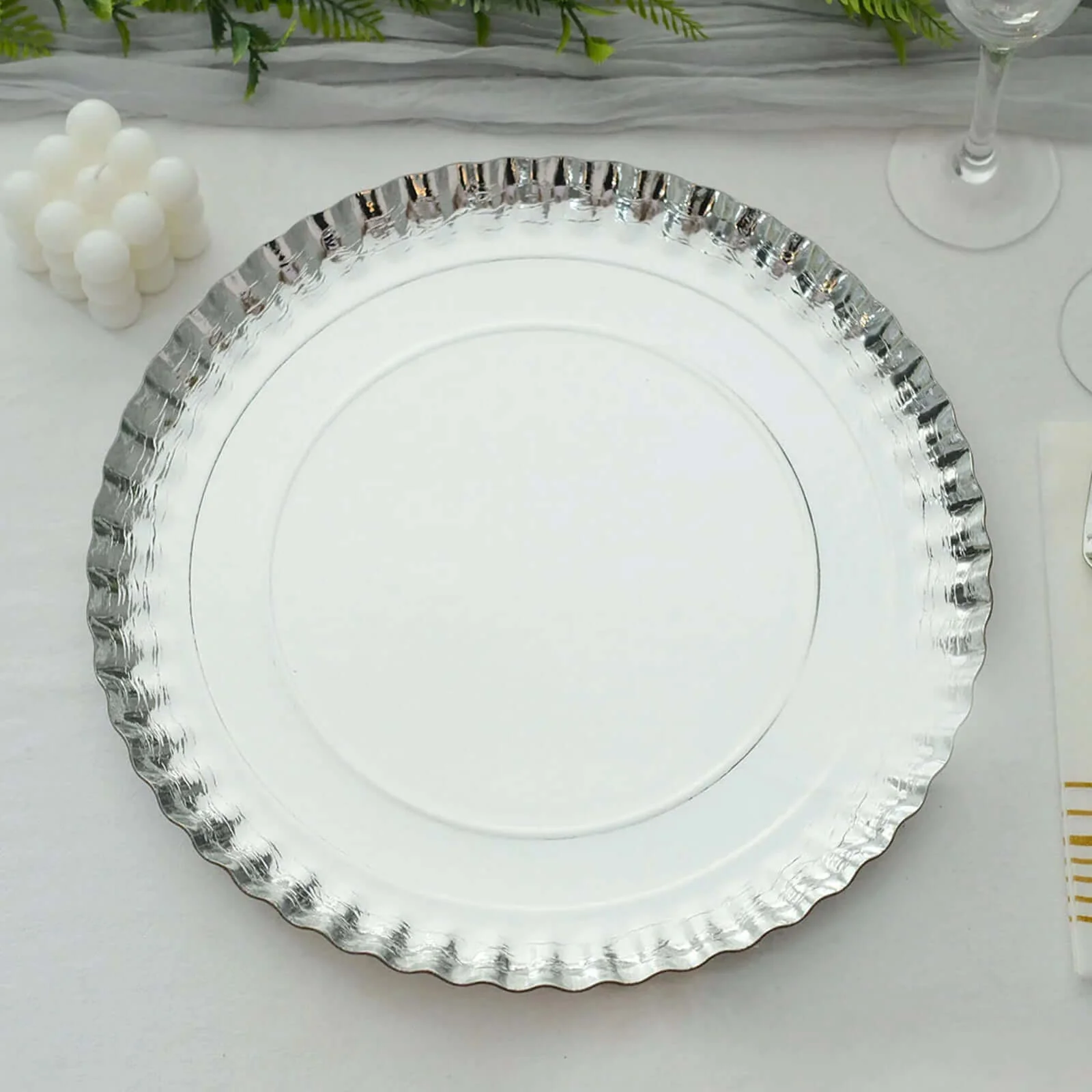 10-Pack Paper Round Charger Plates 13" Silver with Scalloped Rims - 1100GSM Heavy Duty Disposable Serving Trays for Upscale Dinners & Celebrations