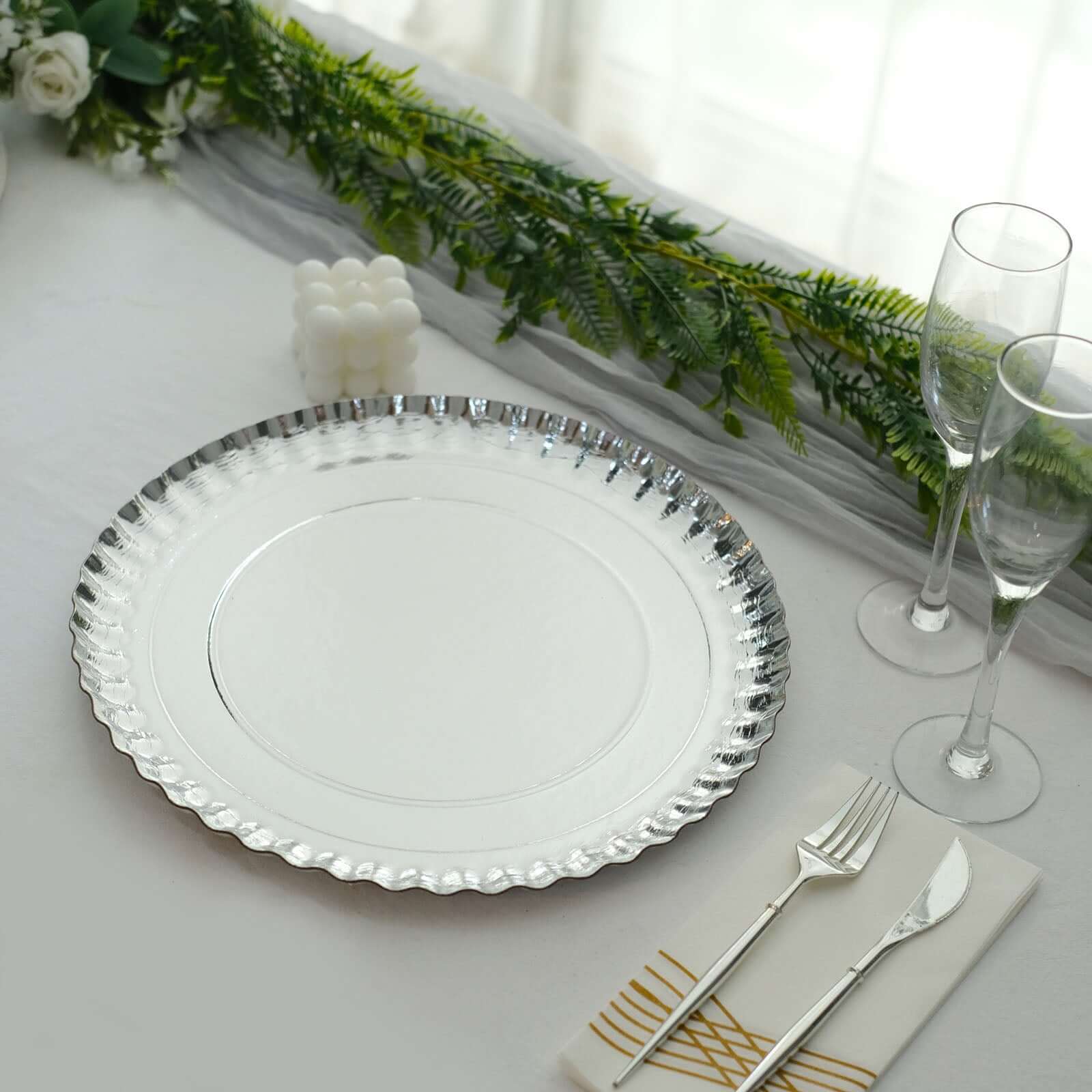 10-Pack Paper Round Charger Plates 13" Silver with Scalloped Rims - 1100GSM Heavy Duty Disposable Serving Trays for Upscale Dinners & Celebrations - Image 2