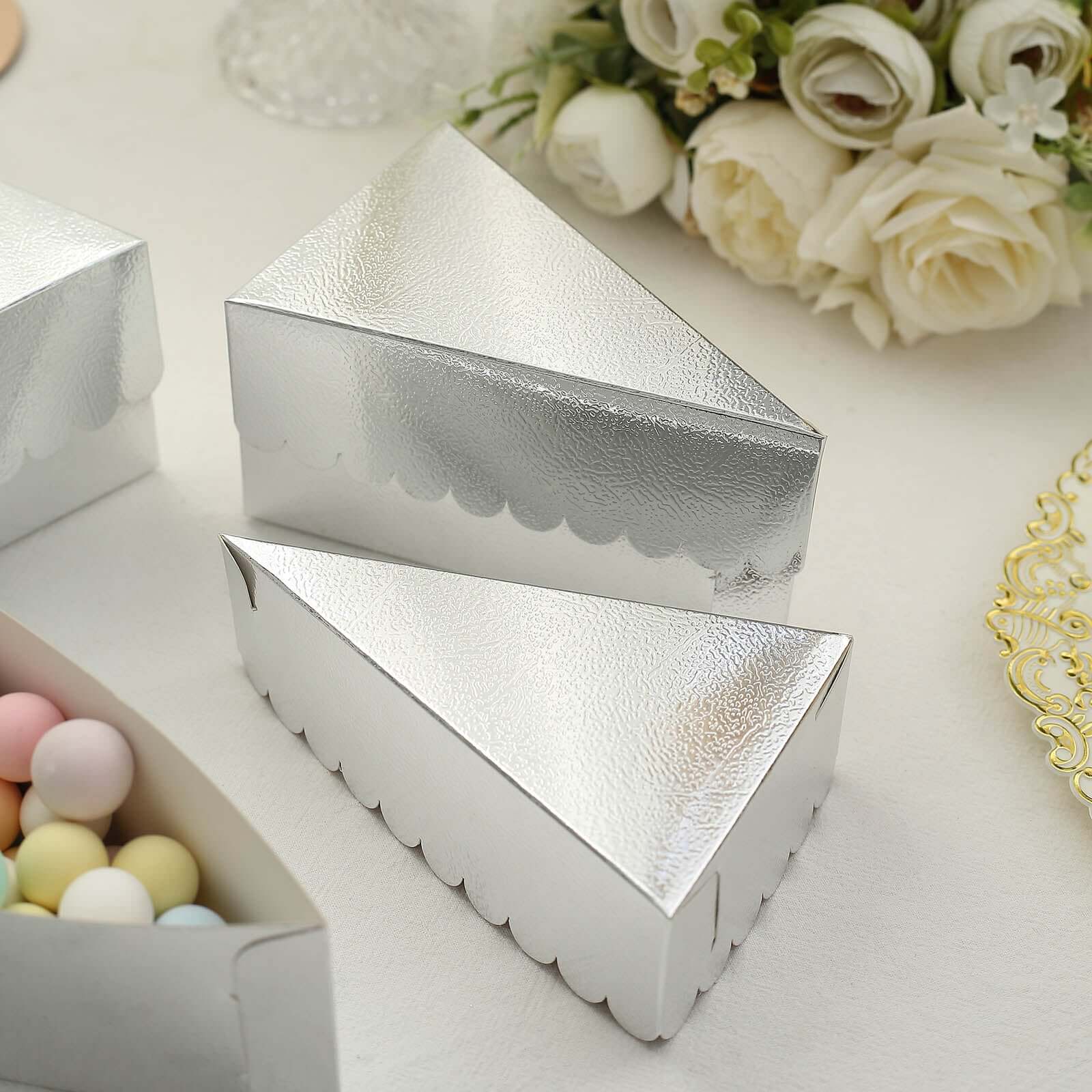 10-Pack Paper Triangle Cake Slice Boxes 5"x3" Silver Foil with Scalloped Top - Fancy Disposable Dessert Containers for Small Pie Snacks & Party Favors - Image 10