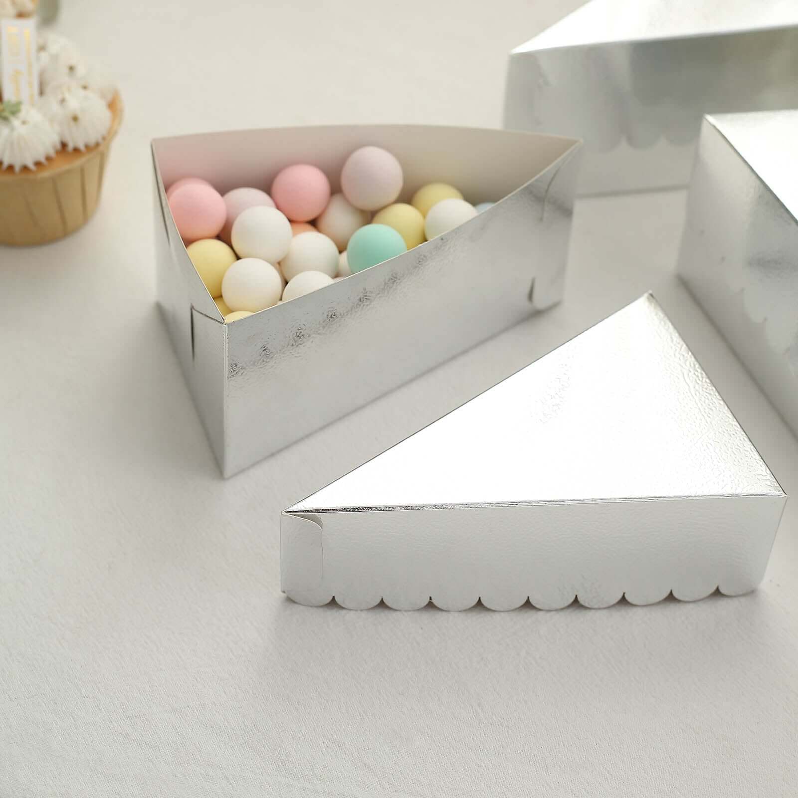 10-Pack Paper Triangle Cake Slice Boxes 5"x3" Silver Foil with Scalloped Top - Fancy Disposable Dessert Containers for Small Pie Snacks & Party Favors - Image 11