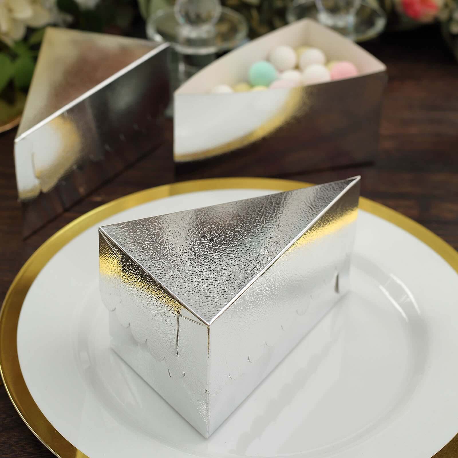 10-Pack Paper Triangle Cake Slice Boxes 5"x3" Silver Foil with Scalloped Top - Fancy Disposable Dessert Containers for Small Pie Snacks & Party Favors - Image 12