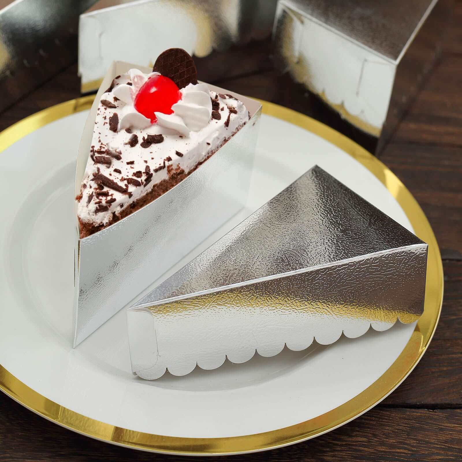 10-Pack Paper Triangle Cake Slice Boxes 5"x3" Silver Foil with Scalloped Top - Fancy Disposable Dessert Containers for Small Pie Snacks & Party Favors - Image 16