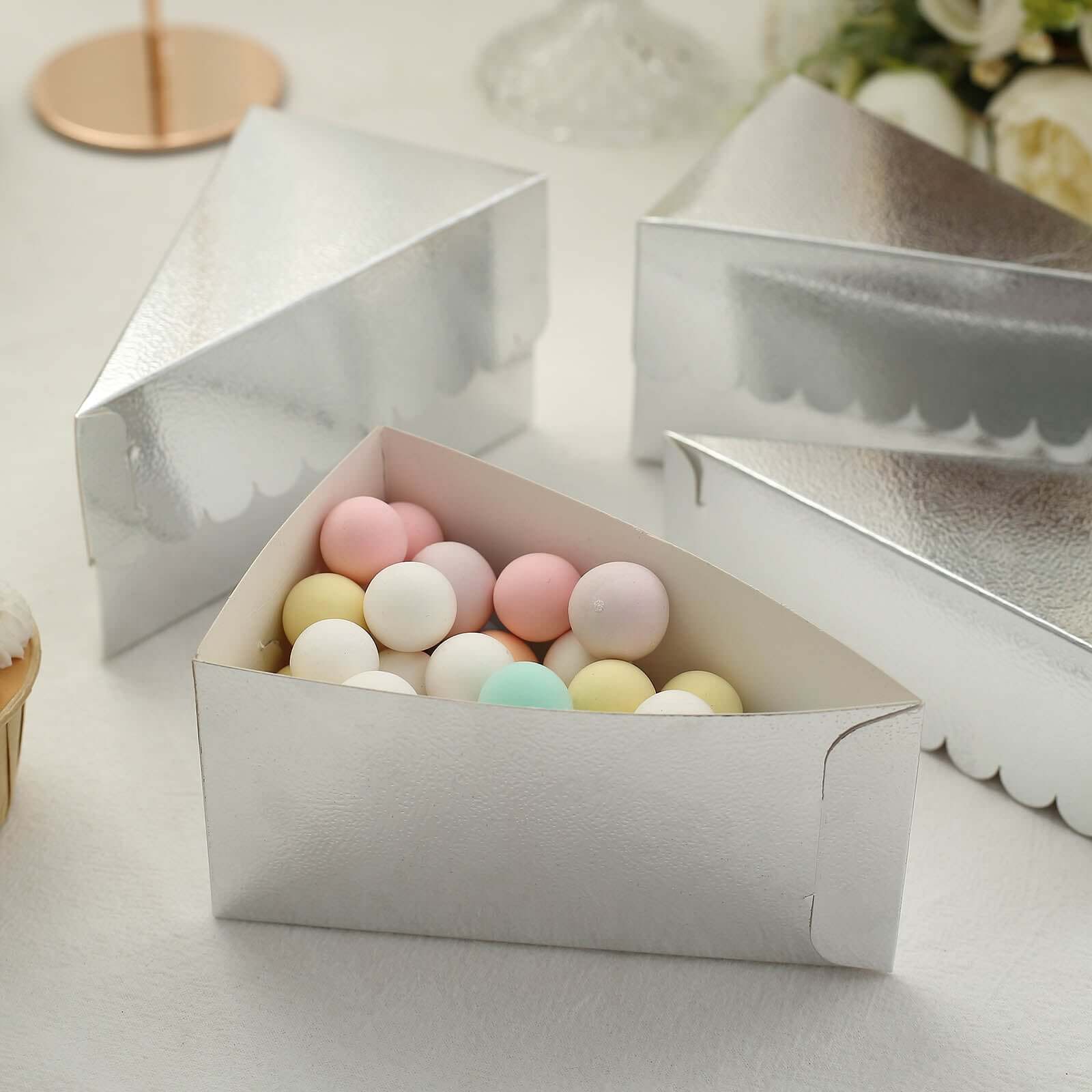 10-Pack Paper Triangle Cake Slice Boxes 5"x3" Silver Foil with Scalloped Top - Fancy Disposable Dessert Containers for Small Pie Snacks & Party Favors - Image 2