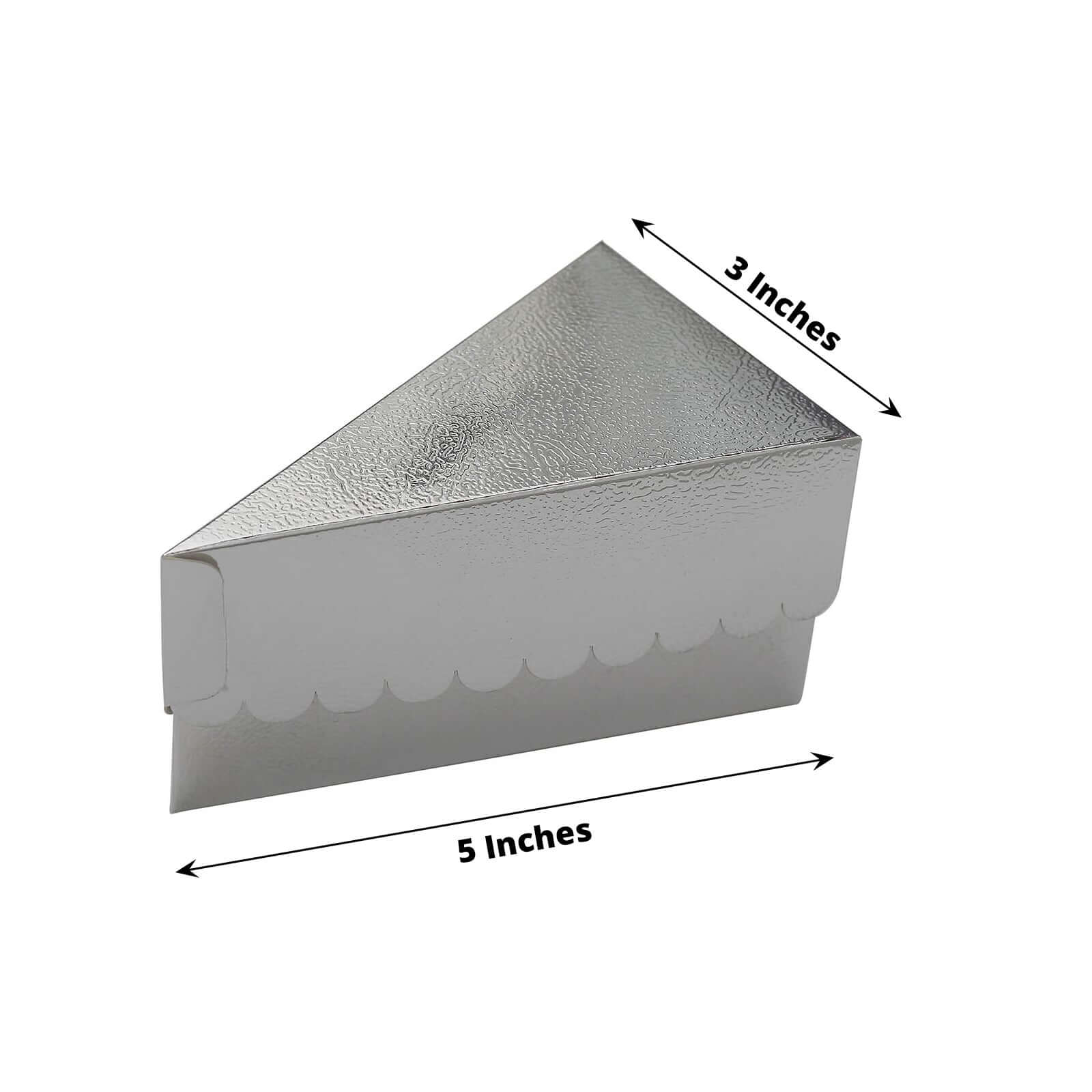 10-Pack Paper Triangle Cake Slice Boxes 5"x3" Silver Foil with Scalloped Top - Fancy Disposable Dessert Containers for Small Pie Snacks & Party Favors - Image 3