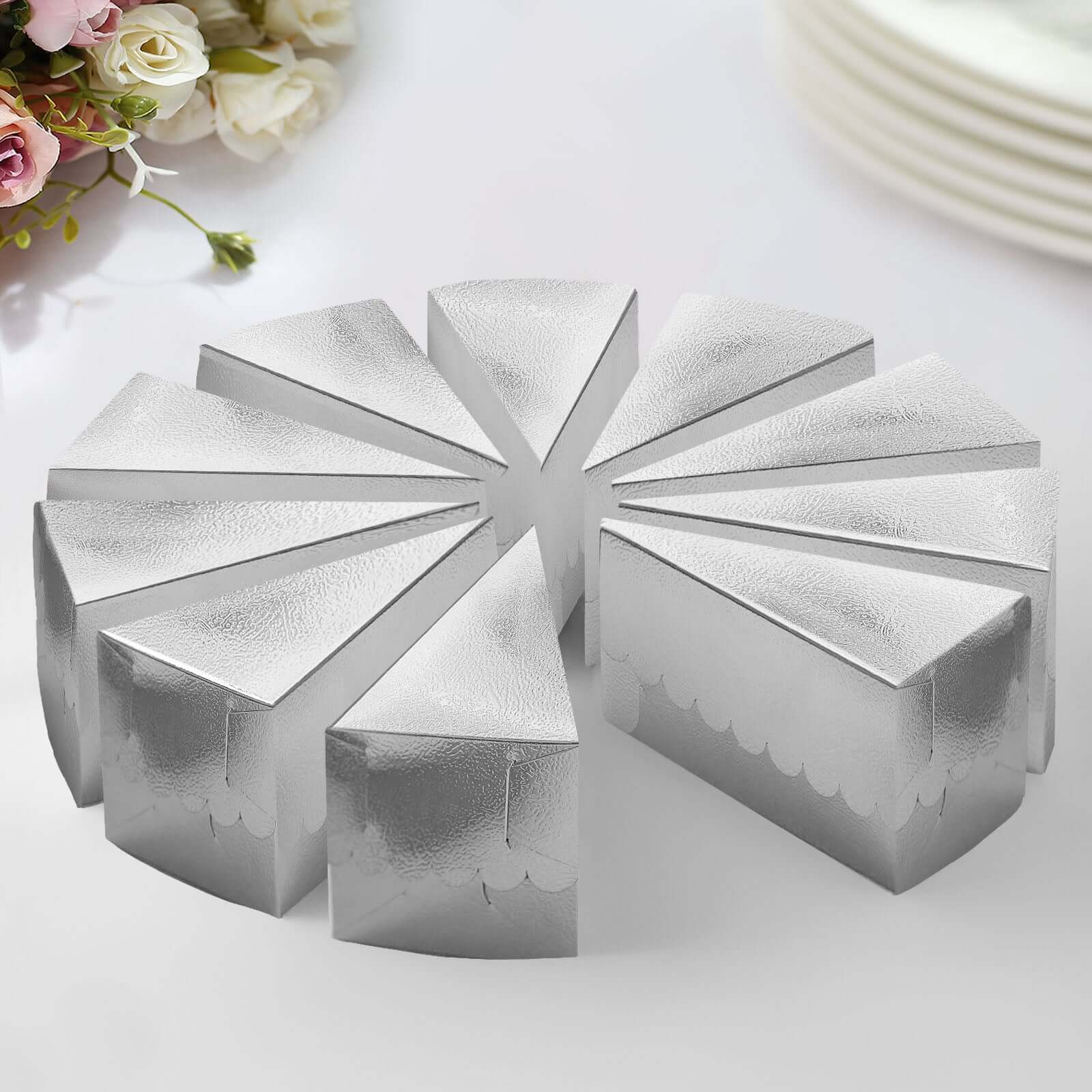 10-Pack Paper Triangle Cake Slice Boxes 5"x3" Silver Foil with Scalloped Top - Fancy Disposable Dessert Containers for Small Pie Snacks & Party Favors - Image 6
