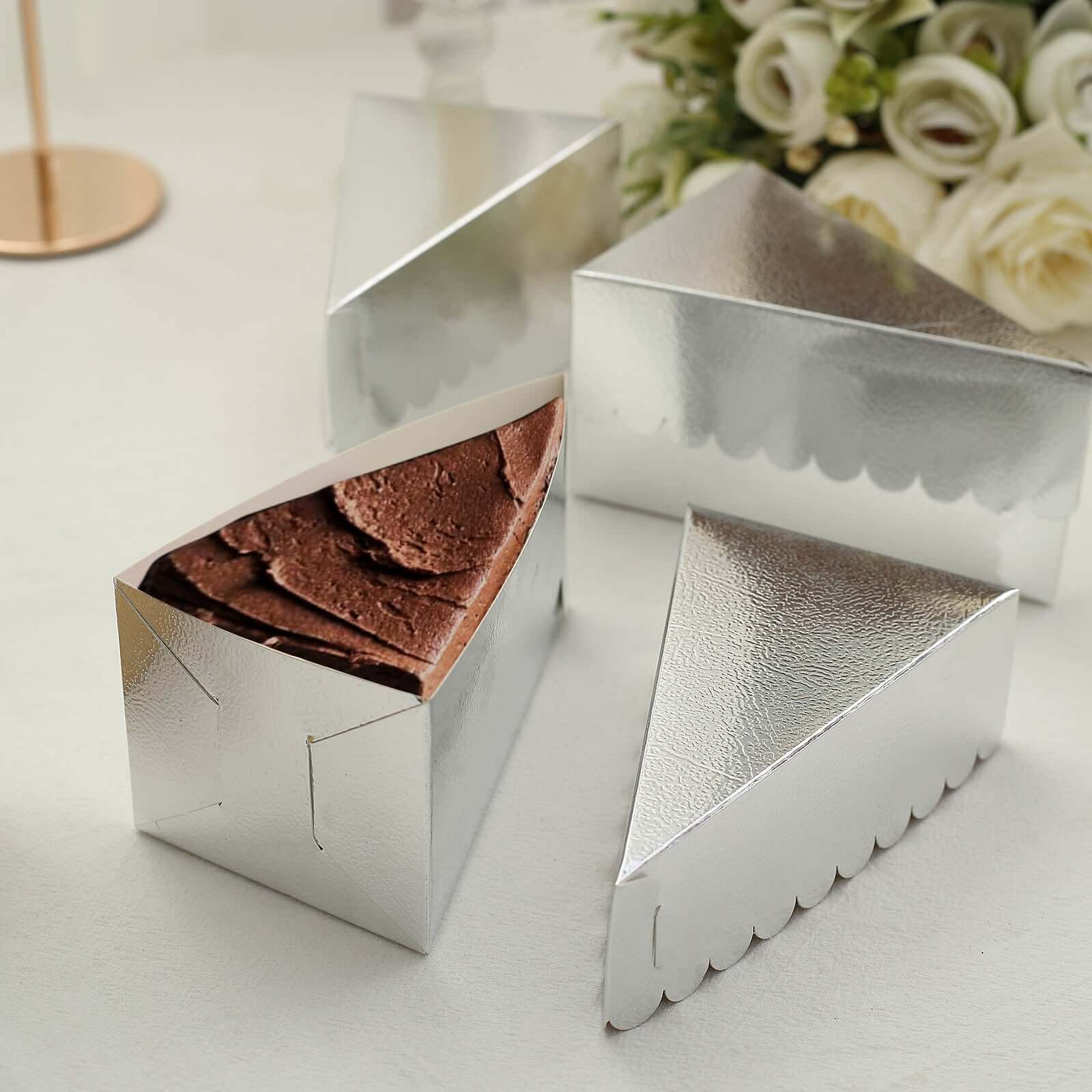 10-Pack Paper Triangle Cake Slice Boxes 5"x3" Silver Foil with Scalloped Top - Fancy Disposable Dessert Containers for Small Pie Snacks & Party Favors - Image 8