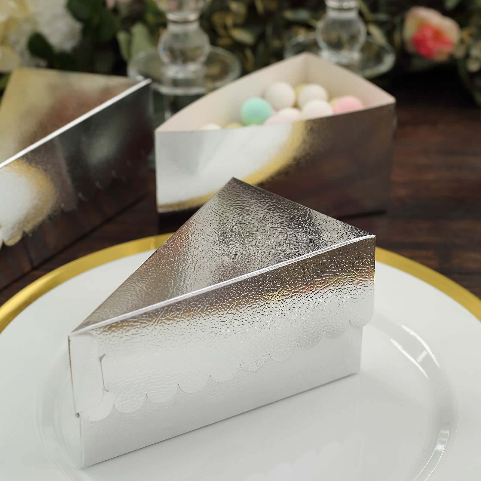 10-Pack Paper Triangle Cake Slice Boxes 5"x3" Silver Foil with Scalloped Top - Fancy Disposable Dessert Containers for Small Pie Snacks & Party Favors - Image 9