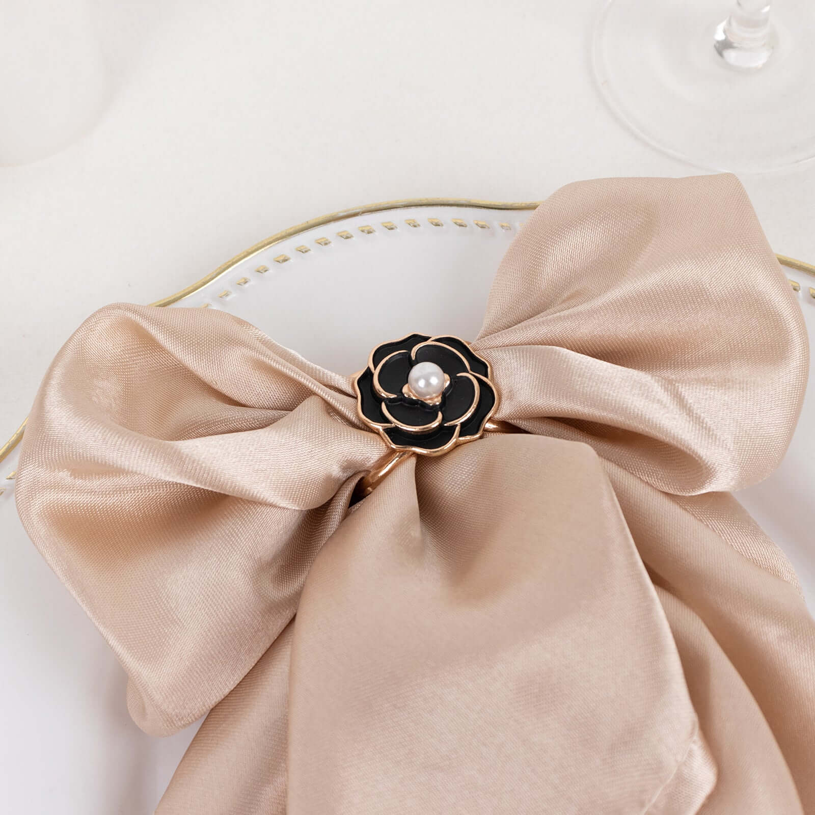 10 Pack Pearl Floral Metal Chair Sash Pin Buckles Black 3D Rose Shaped with Gold Rim - Scarf Bow Napkin Rings - Image 3
