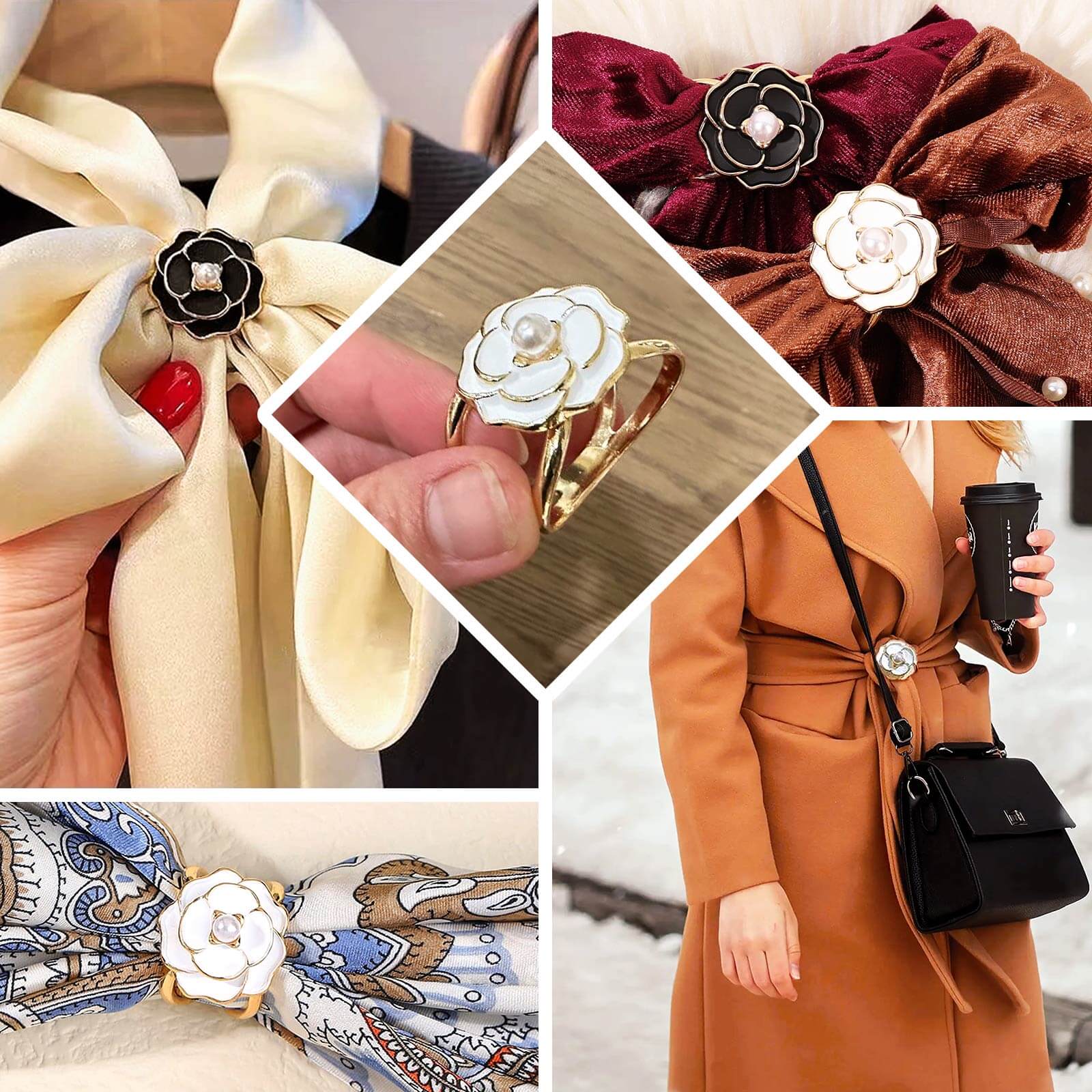 10 Pack Pearl Floral Metal Chair Sash Pin Buckles Black 3D Rose Shaped with Gold Rim - Scarf Bow Napkin Rings - Image 5