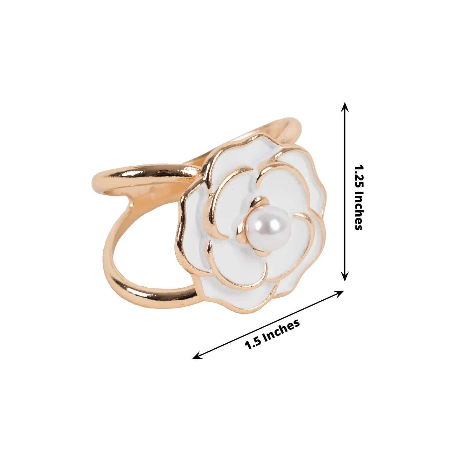 10 Pack Pearl Floral Metal Chair Sash Pin Buckles White 3D Rose Shaped with Gold Rim - Decorative Scarf Bow Napkin Rings for Weddings - Image 3