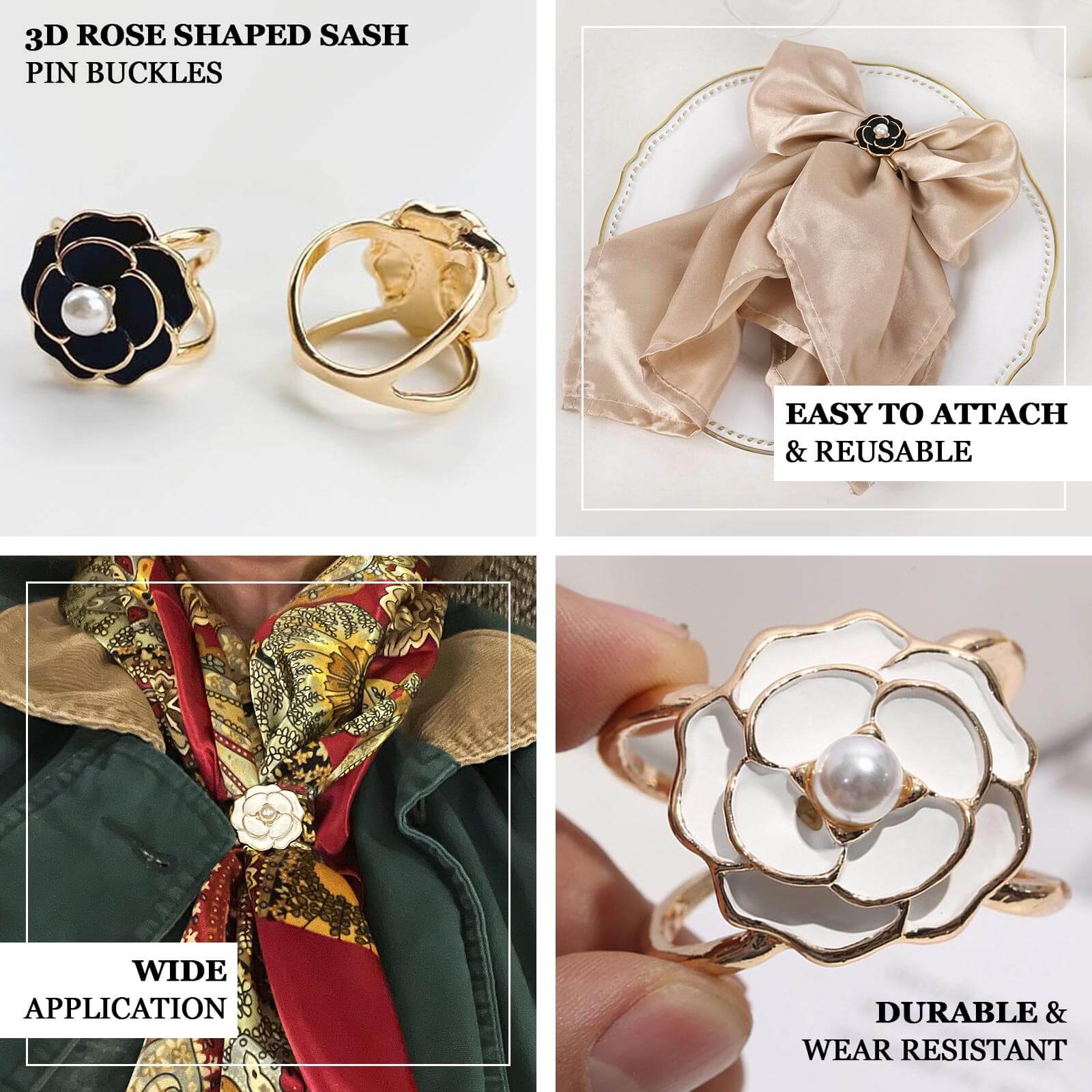 10 Pack Pearl Floral Metal Chair Sash Pin Buckles White 3D Rose Shaped with Gold Rim - Decorative Scarf Bow Napkin Rings for Weddings - Image 4
