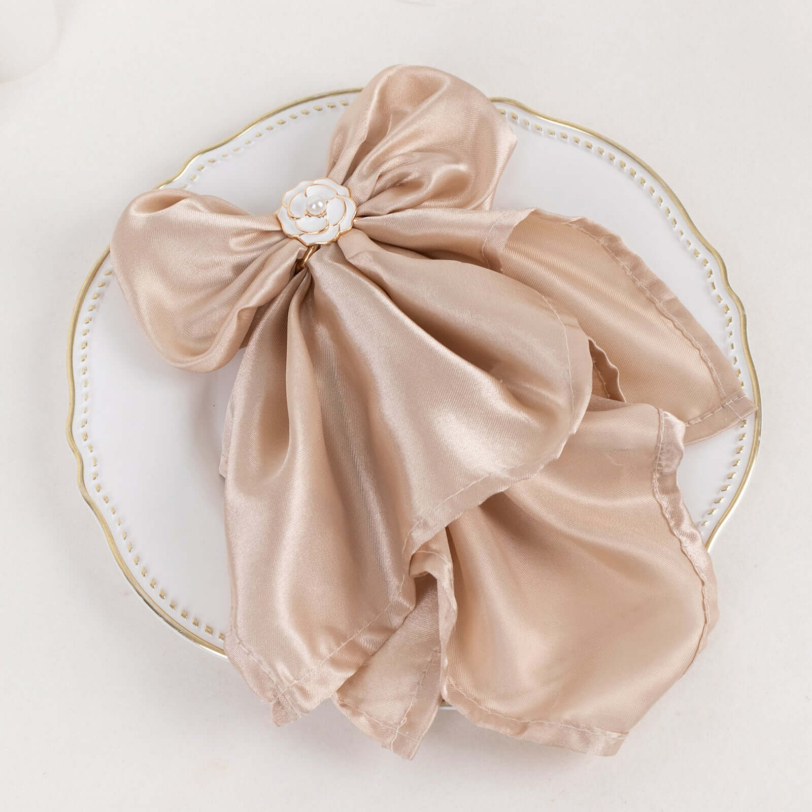 10 Pack Pearl Floral Metal Chair Sash Pin Buckles White 3D Rose Shaped with Gold Rim - Decorative Scarf Bow Napkin Rings for Weddings - Image 8
