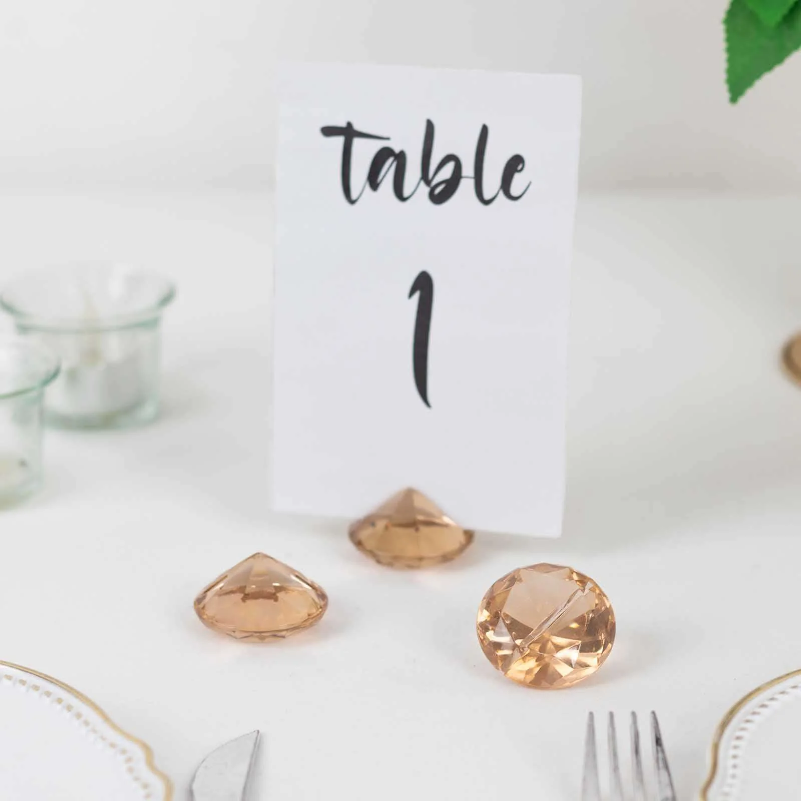 10-Pack Plastic Card Holder Stands 1.75" Diamond Shaped Design Amber Crystal - Wedding Table Place Card Decorations