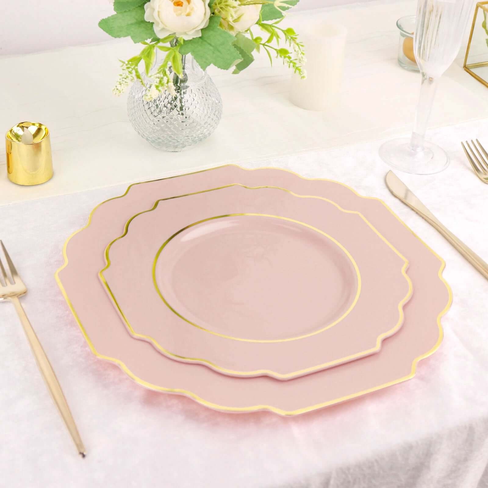10-Pack Plastic Dessert Appetizer Plates 8" Blush Baroque Design with Scalloped Gold Rim - Heavy Duty Disposable Salad Plates - Image 2