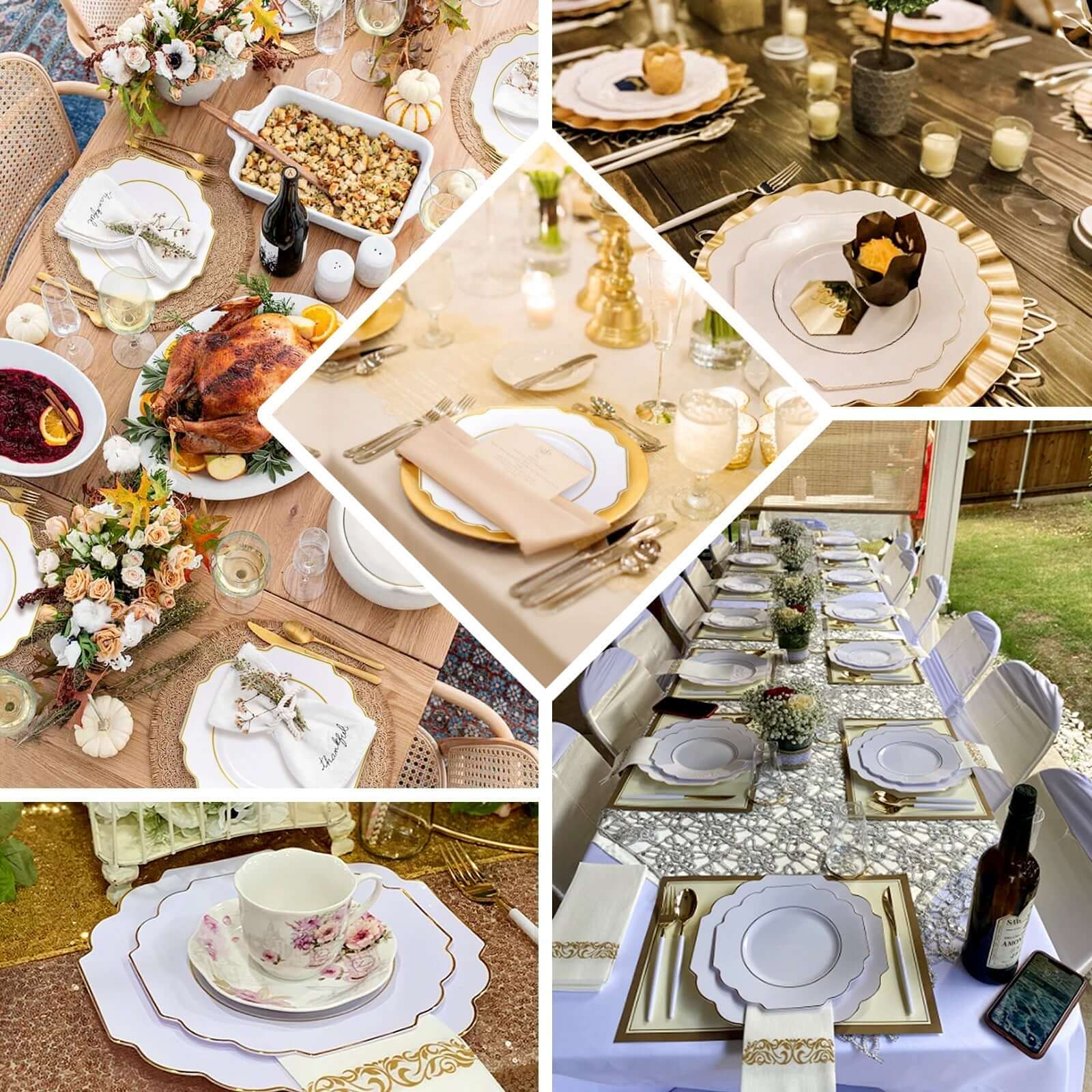 10-Pack Plastic Dessert Appetizer Plates 8" Blush Baroque Design with Scalloped Gold Rim - Heavy Duty Disposable Salad Plates - Image 5
