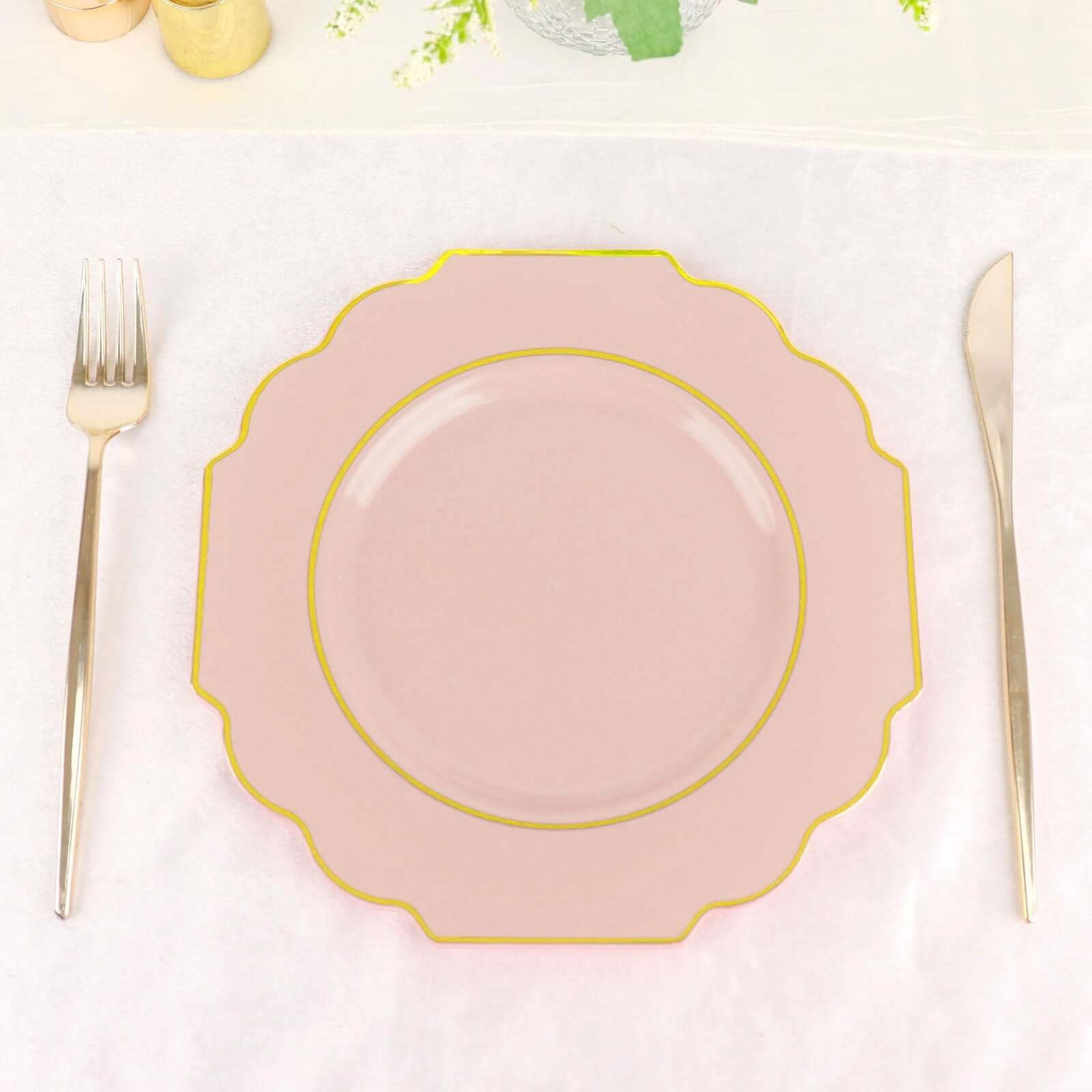 10-Pack Plastic Dessert Appetizer Plates 8" Blush Baroque Design with Scalloped Gold Rim - Heavy Duty Disposable Salad Plates - Image 7