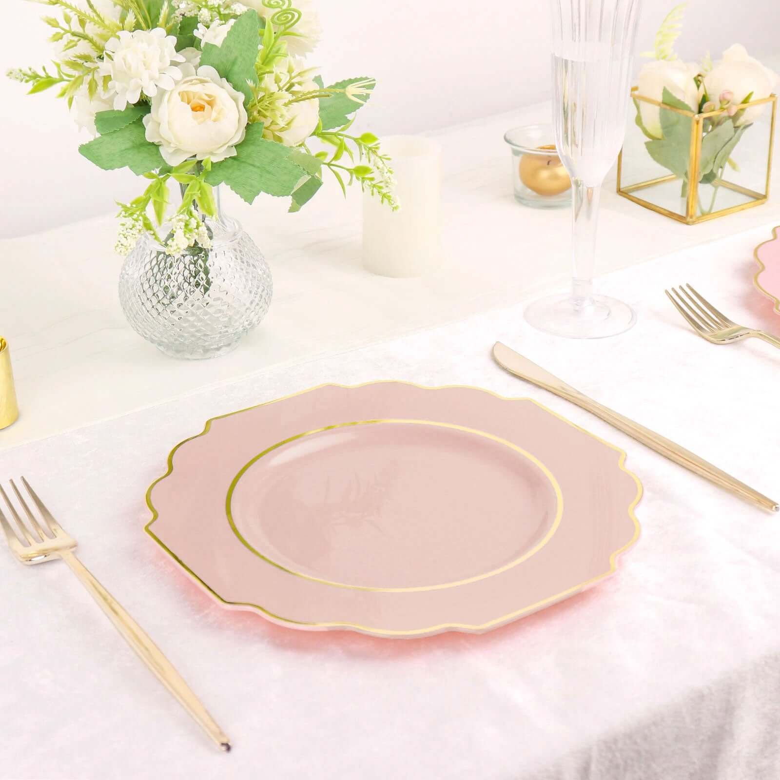 10-Pack Plastic Dessert Appetizer Plates 8" Blush Baroque Design with Scalloped Gold Rim - Heavy Duty Disposable Salad Plates - Image 8