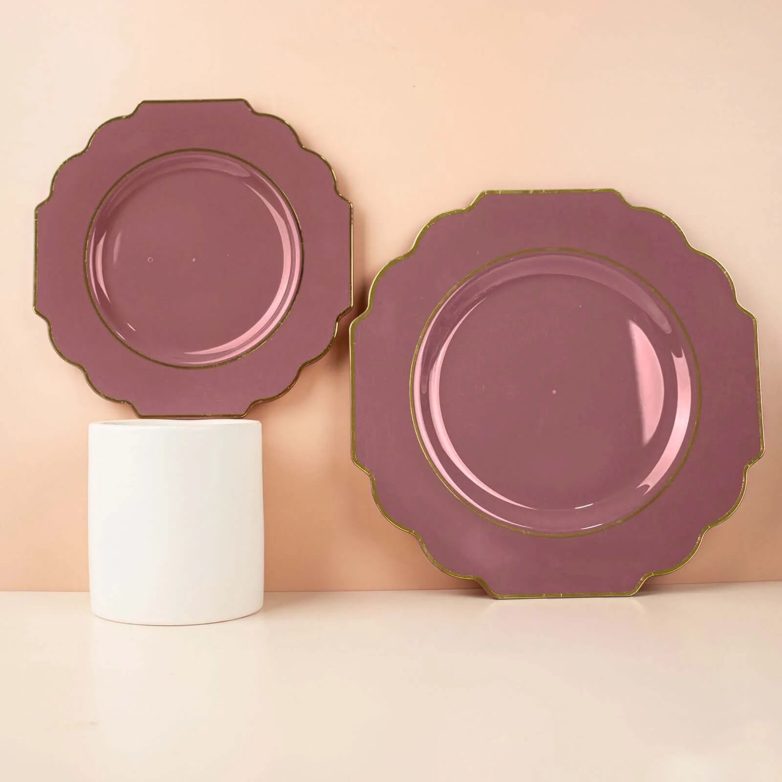 10-Pack Plastic Dessert Appetizer Plates 8" Cinnamon Rose Baroque Design with Scalloped Gold Rim - Heavy Duty Disposable Salad Plates - Image 10