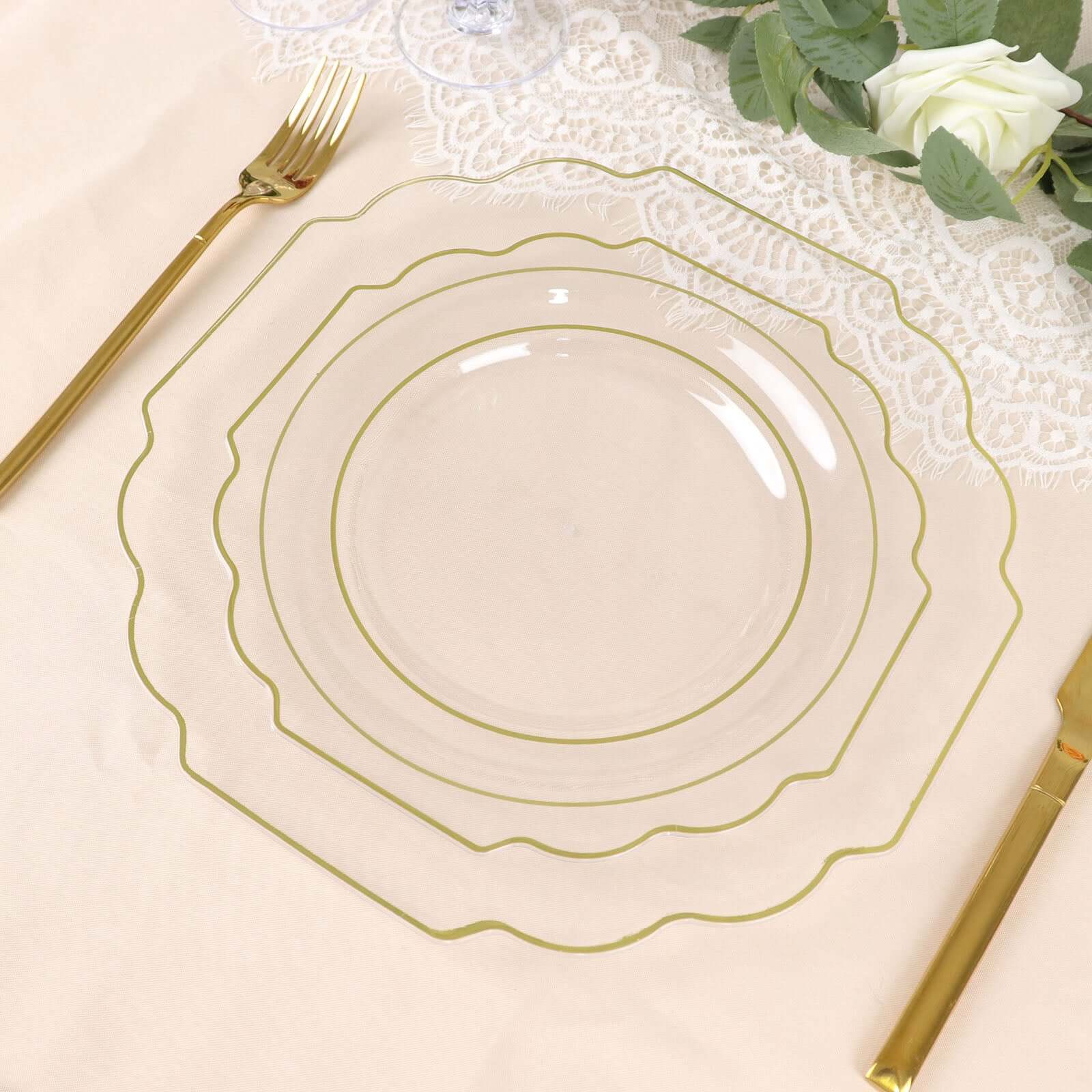 10-Pack Plastic Dessert Appetizer Plates 8" Clear Baroque Design with Scalloped Gold Rim - Heavy Duty Disposable Salad Plates
