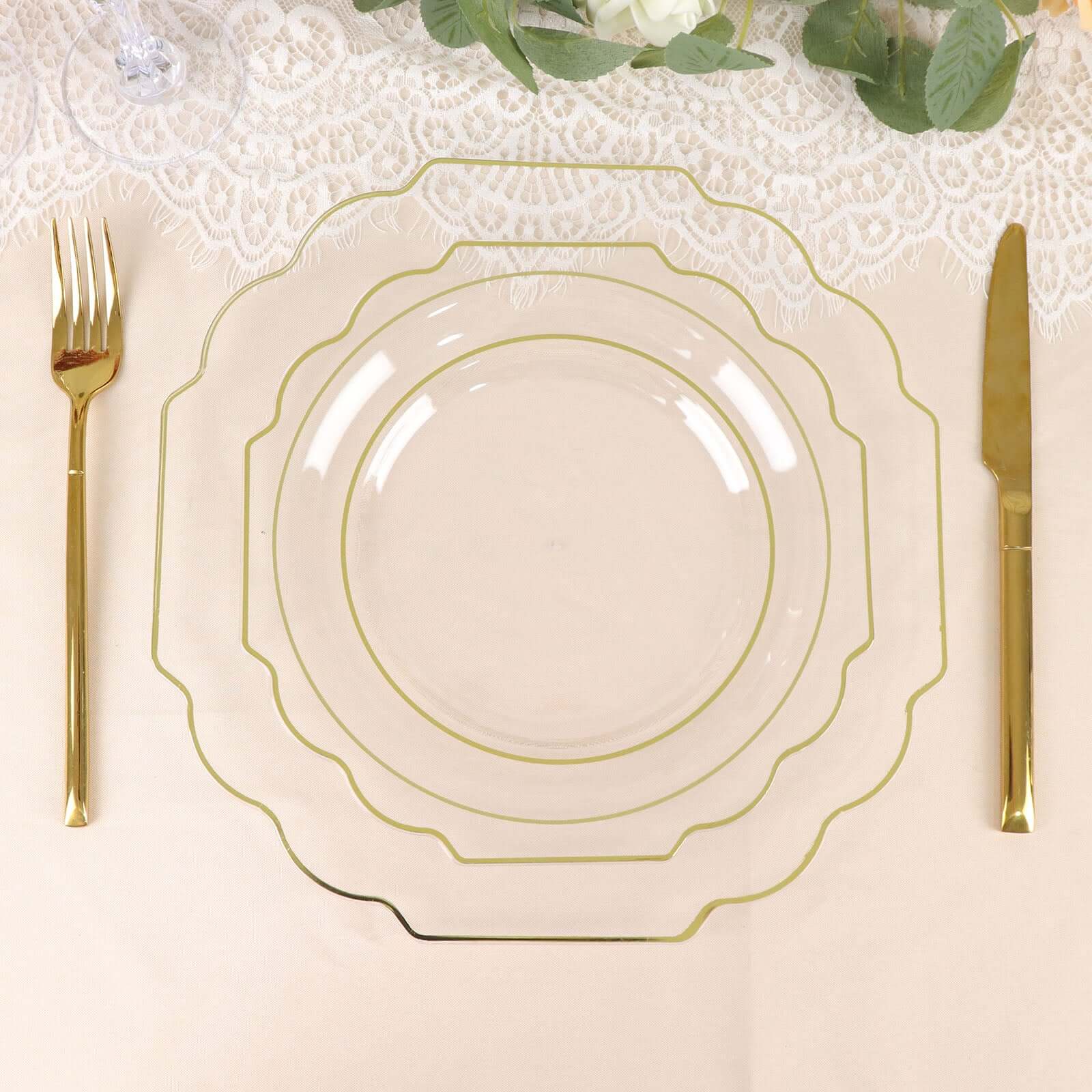 10-Pack Plastic Dessert Appetizer Plates 8" Clear Baroque Design with Scalloped Gold Rim - Heavy Duty Disposable Salad Plates - Image 10